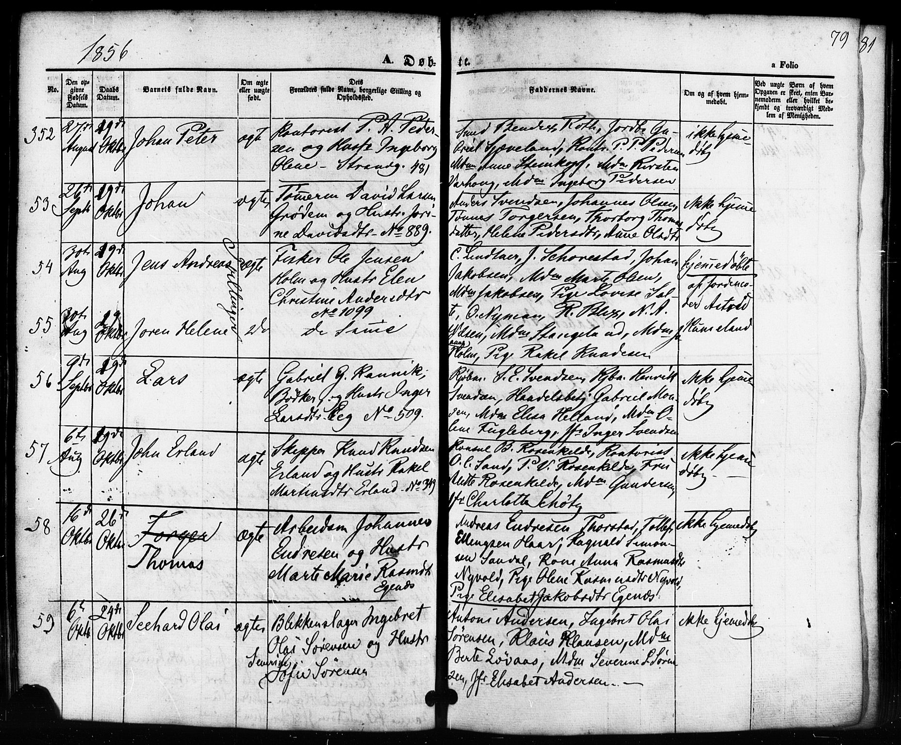 Domkirken sokneprestkontor, AV/SAST-A-101812/001/30/30BB/L0010: Klokkerbok nr. B 10, 1855-1860, s. 79