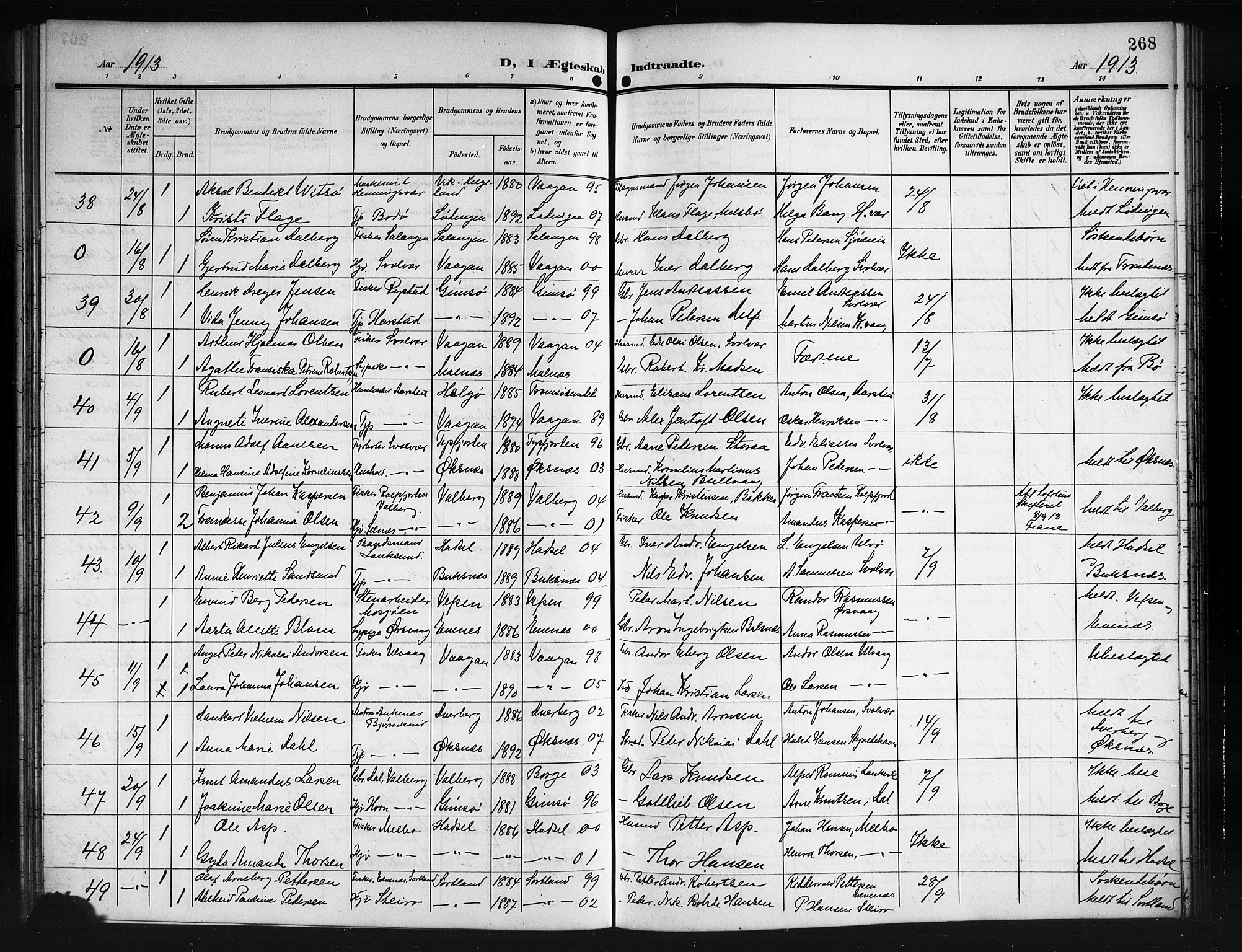 Ministerialprotokoller, klokkerbøker og fødselsregistre - Nordland, AV/SAT-A-1459/874/L1079: Klokkerbok nr. 874C08, 1907-1915, s. 268