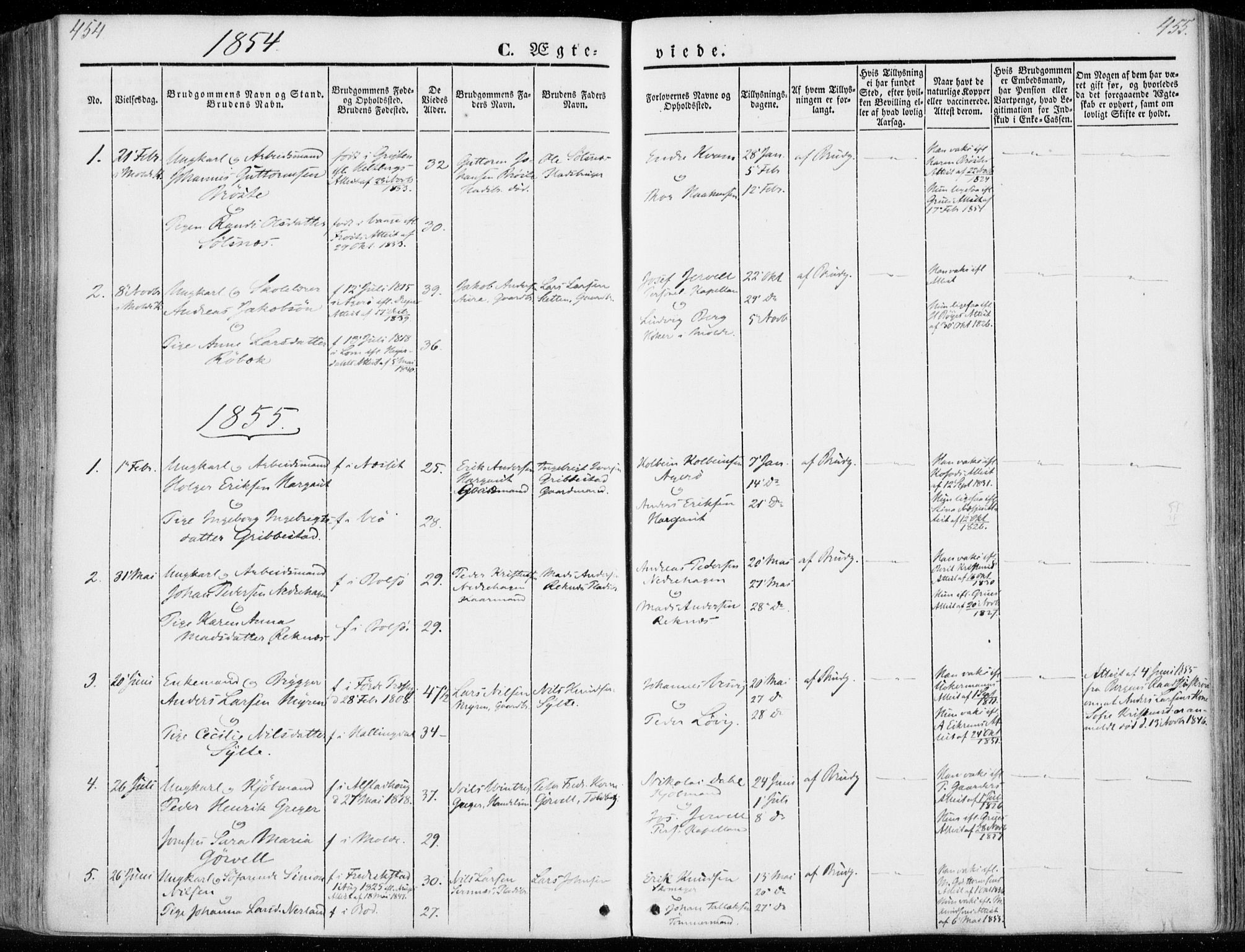 Ministerialprotokoller, klokkerbøker og fødselsregistre - Møre og Romsdal, SAT/A-1454/558/L0689: Ministerialbok nr. 558A03, 1843-1872, s. 454-455