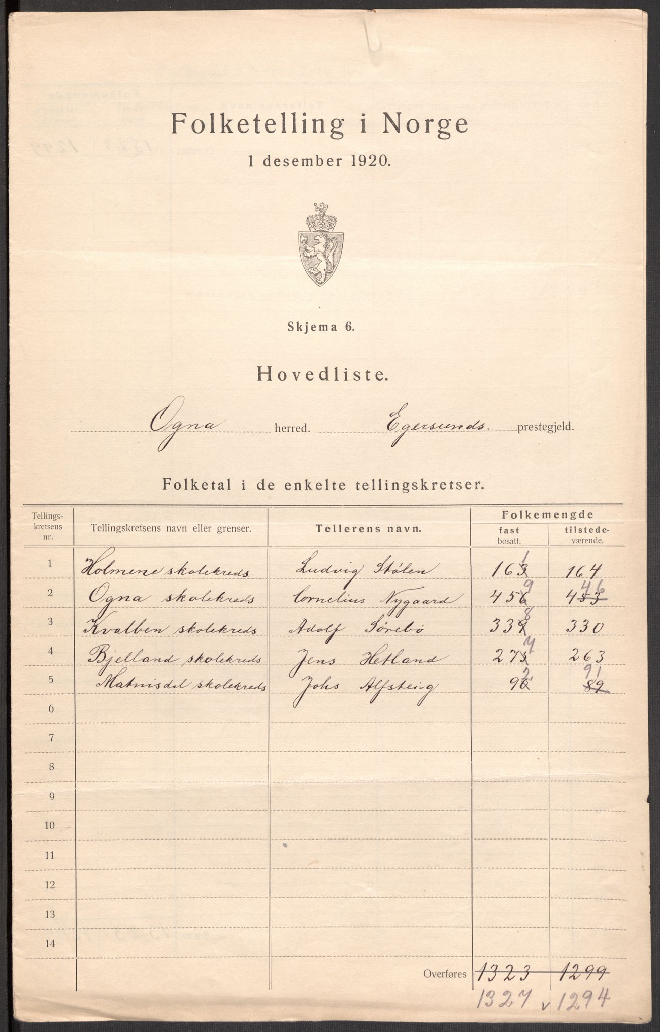 SAST, Folketelling 1920 for 1117 Ogna herred, 1920, s. 7