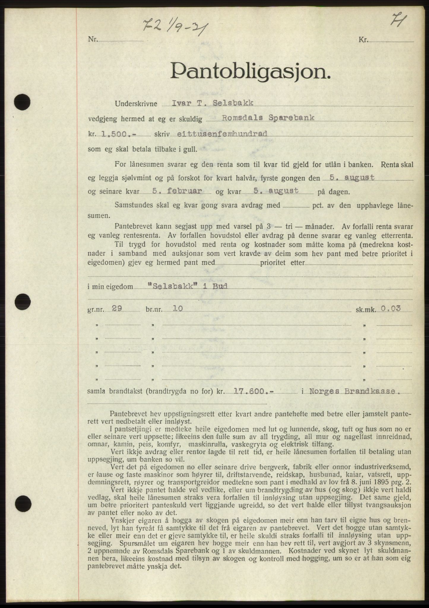 Romsdal sorenskriveri, AV/SAT-A-4149/1/2/2C/L0060: Pantebok nr. 54, 1931-1932, Tingl.dato: 01.09.1931