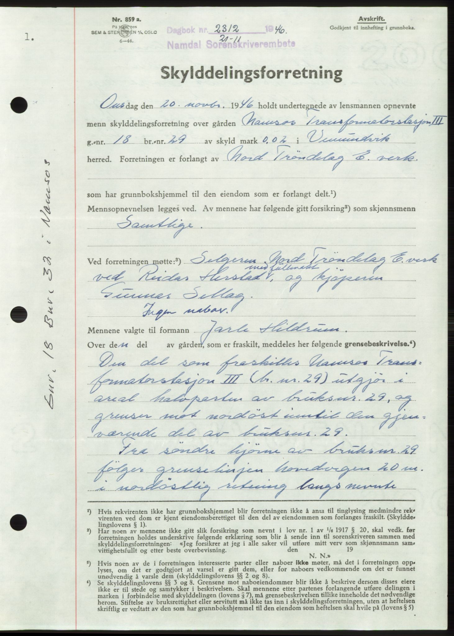 Namdal sorenskriveri, SAT/A-4133/1/2/2C: Pantebok nr. -, 1946-1947, Dagboknr: 2312/1946