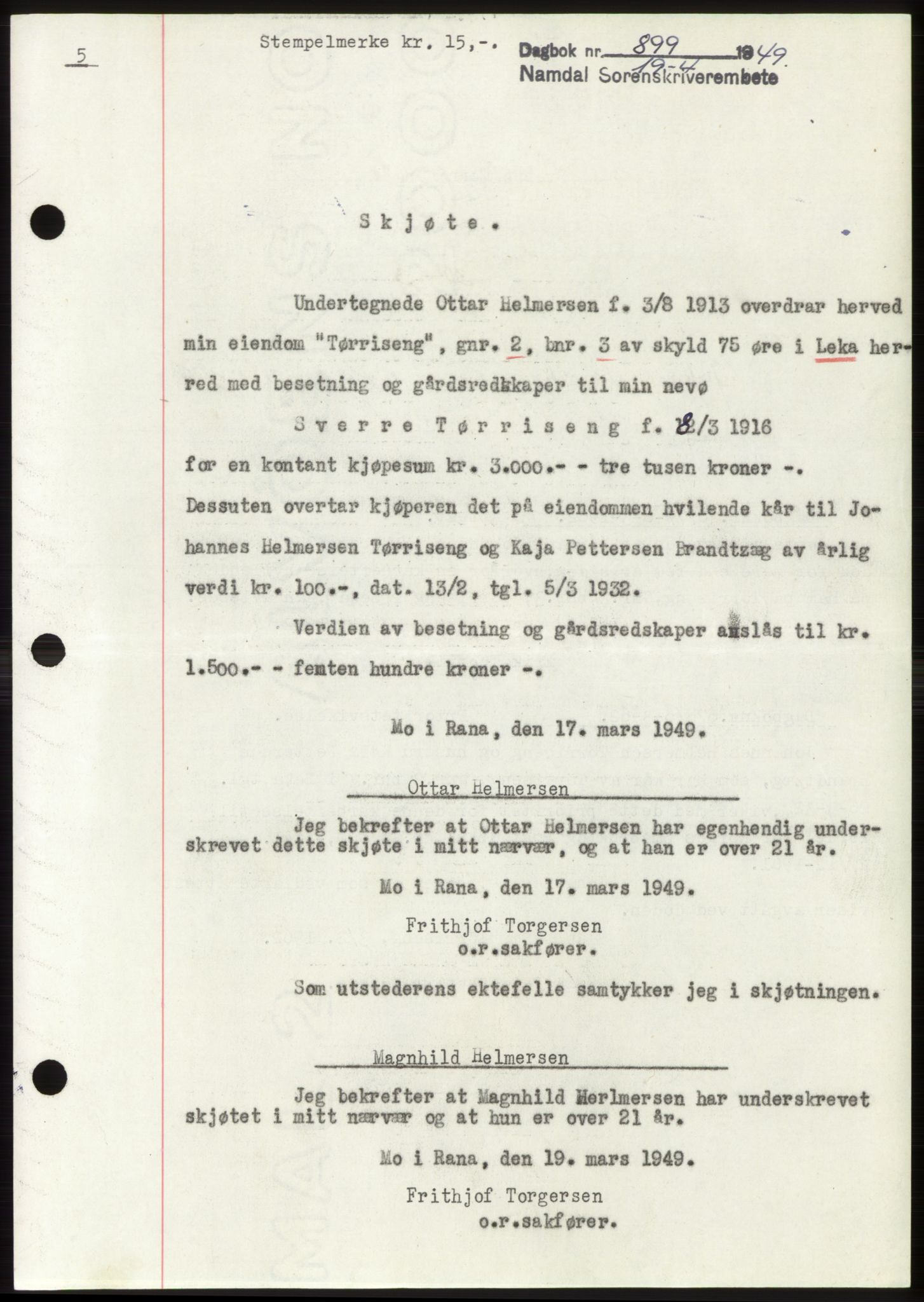 Namdal sorenskriveri, SAT/A-4133/1/2/2C: Pantebok nr. -, 1949-1949, Dagboknr: 899/1949