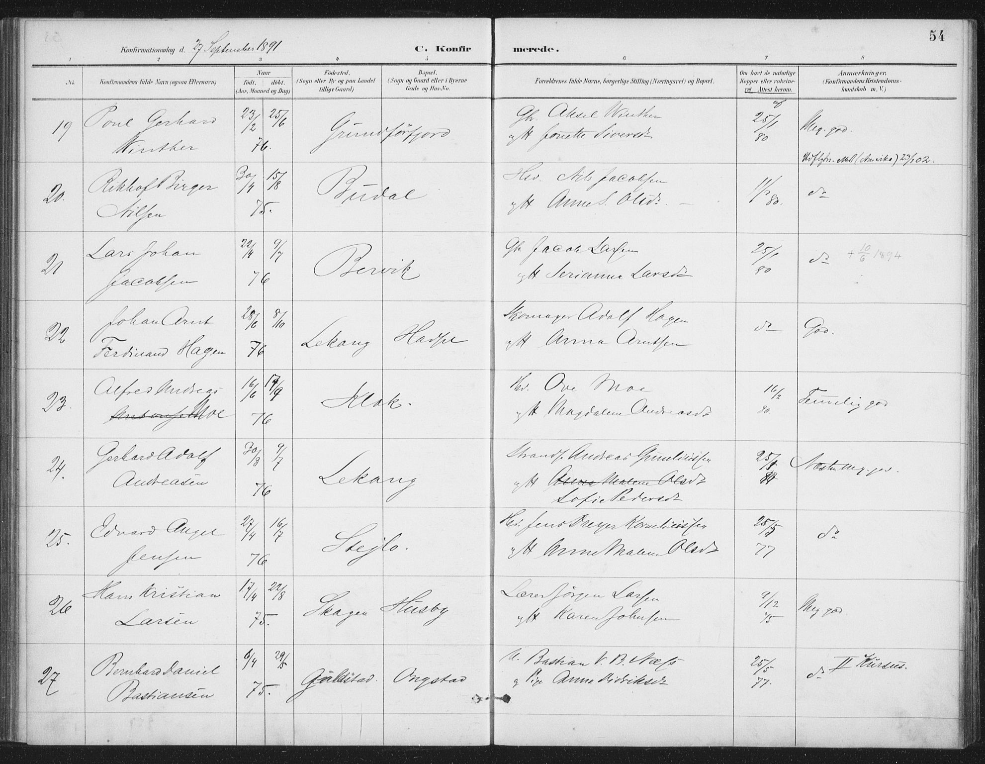 Ministerialprotokoller, klokkerbøker og fødselsregistre - Nordland, AV/SAT-A-1459/888/L1245: Ministerialbok nr. 888A11, 1888-1900, s. 54