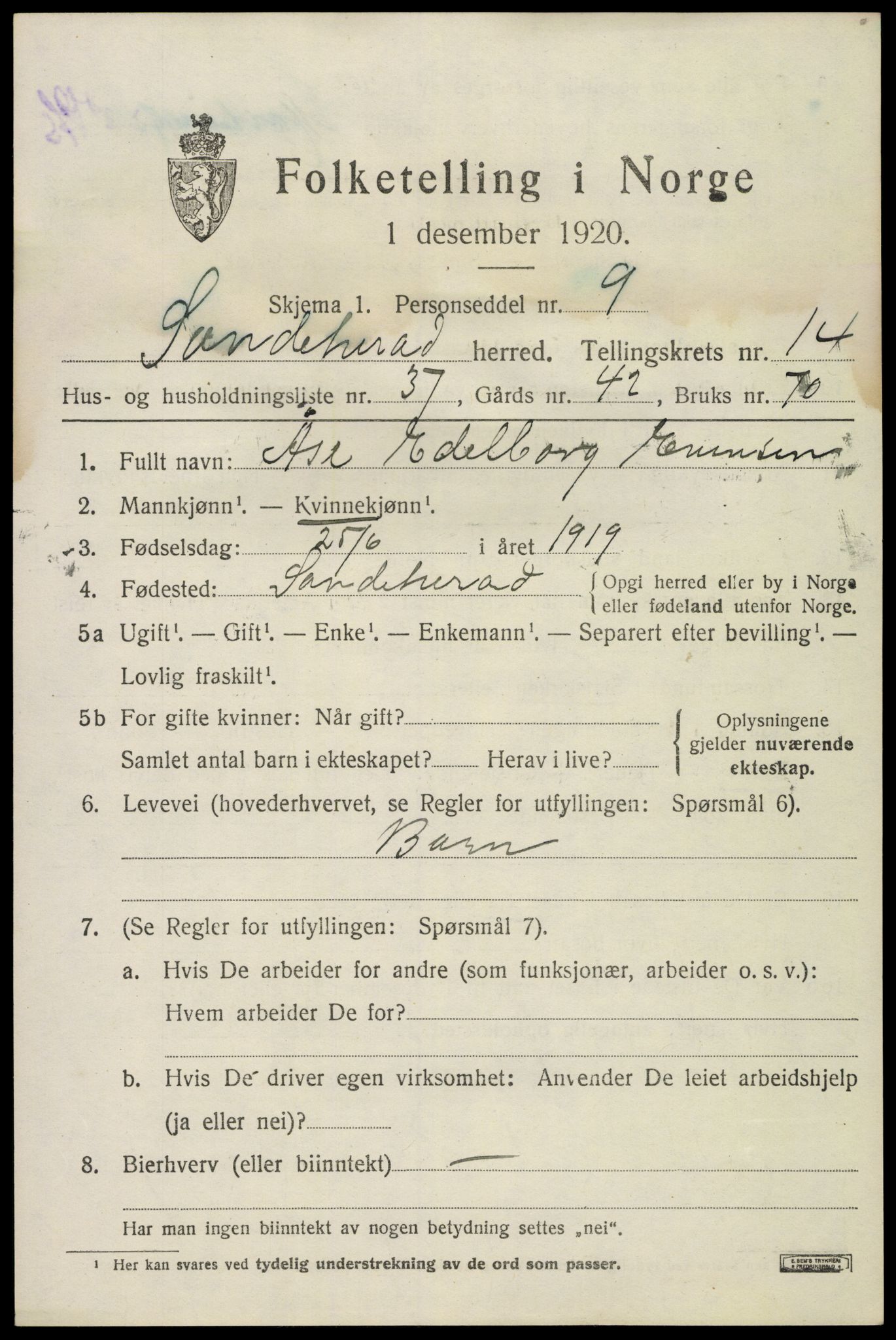 SAKO, Folketelling 1920 for 0724 Sandeherred herred, 1920, s. 20696
