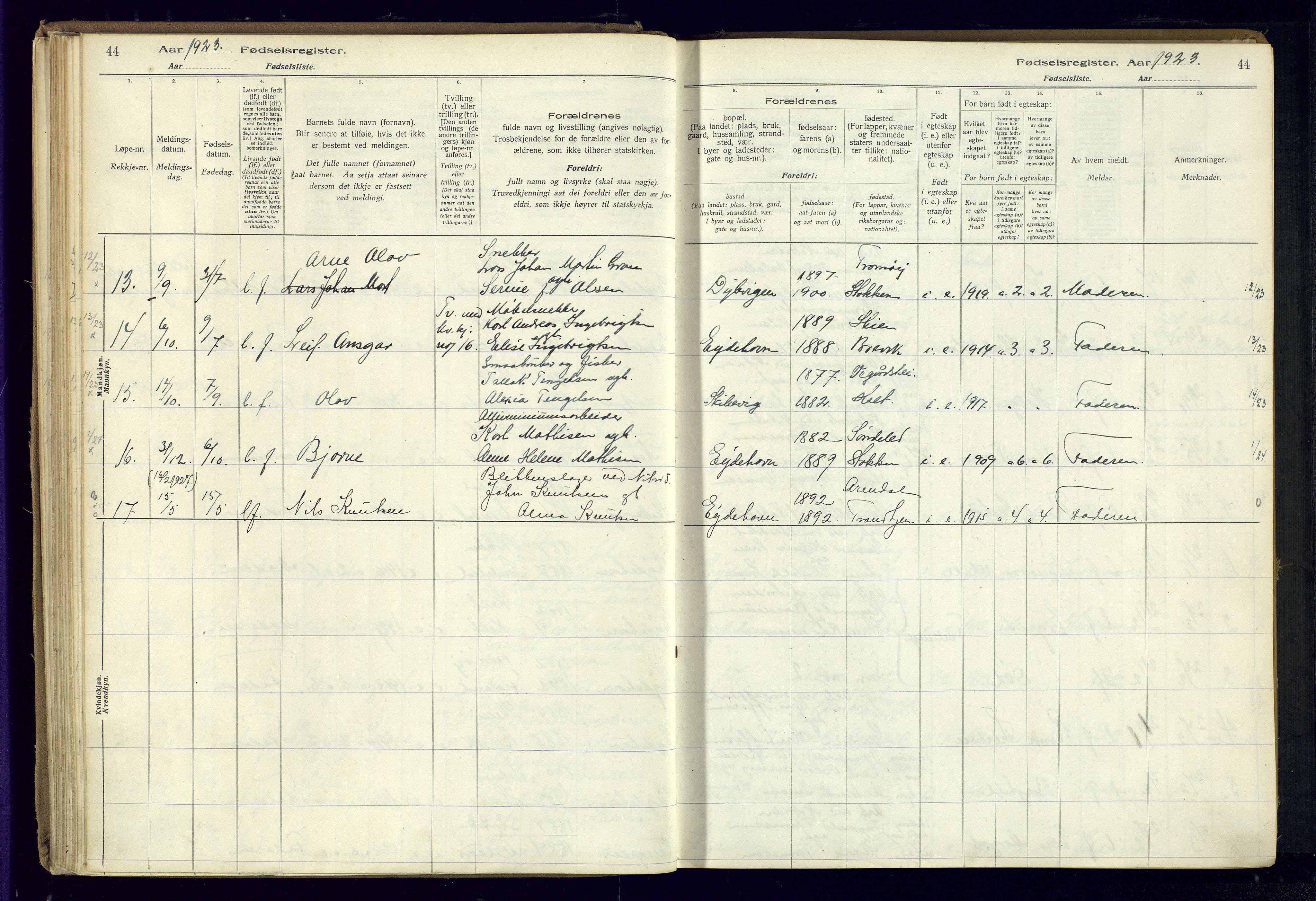 Austre Moland sokneprestkontor, SAK/1111-0001/J/Ja/L0003: Fødselsregister nr. A-VI-27, 1916-1950, s. 44