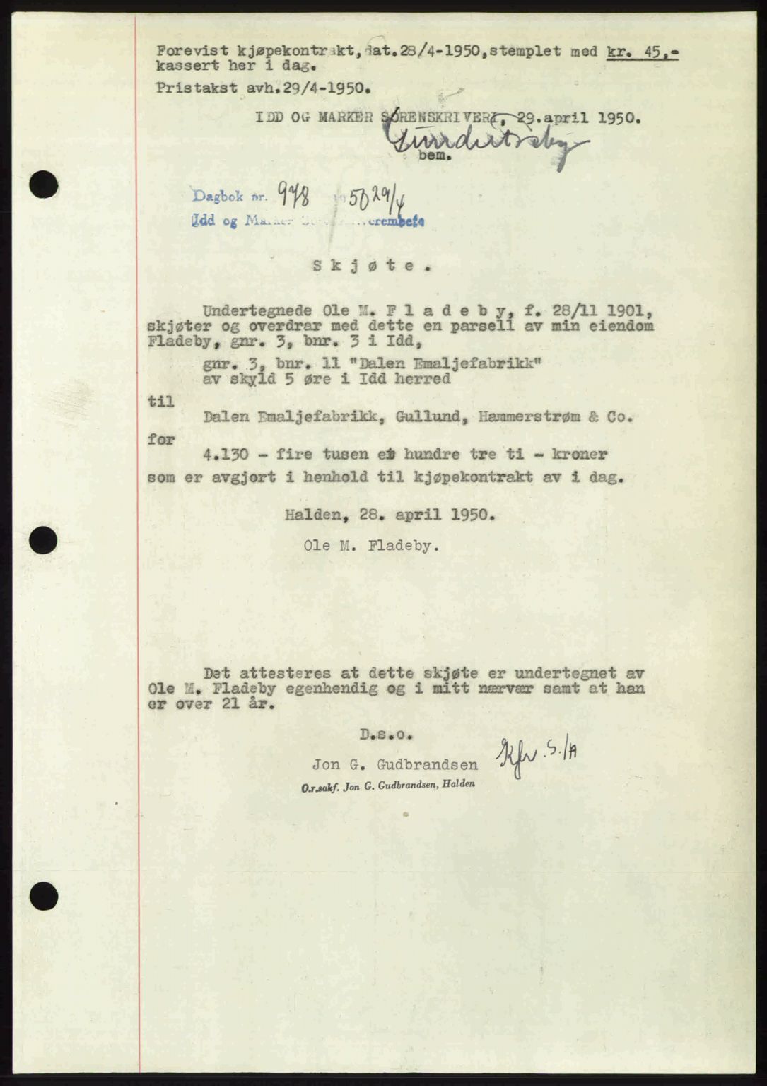 Idd og Marker sorenskriveri, AV/SAO-A-10283/G/Gb/Gbb/L0014: Pantebok nr. A14, 1950-1950, Dagboknr: 978/1950