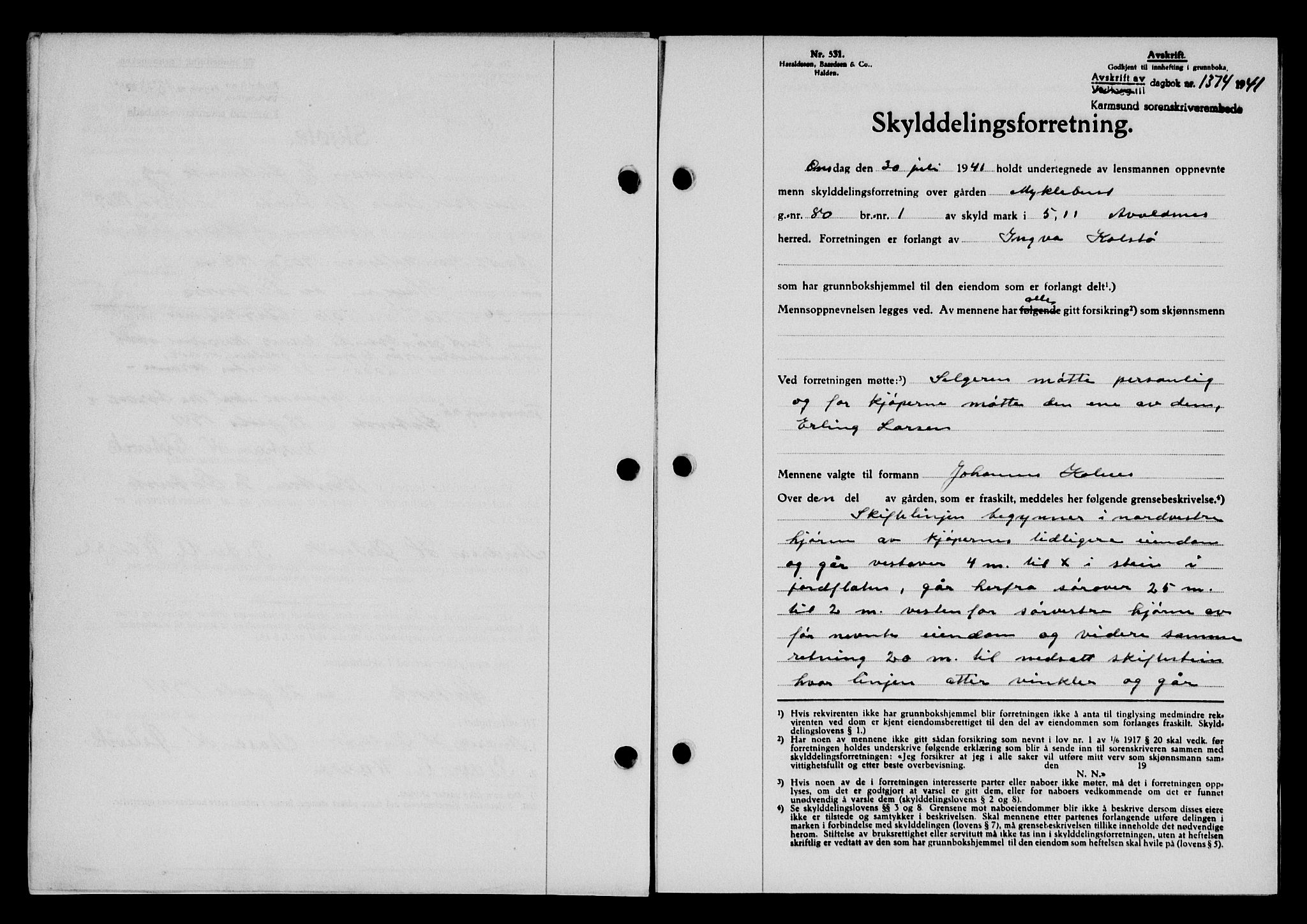 Karmsund sorenskriveri, SAST/A-100311/01/II/IIB/L0075: Pantebok nr. 56A, 1941-1941, Dagboknr: 1374/1941