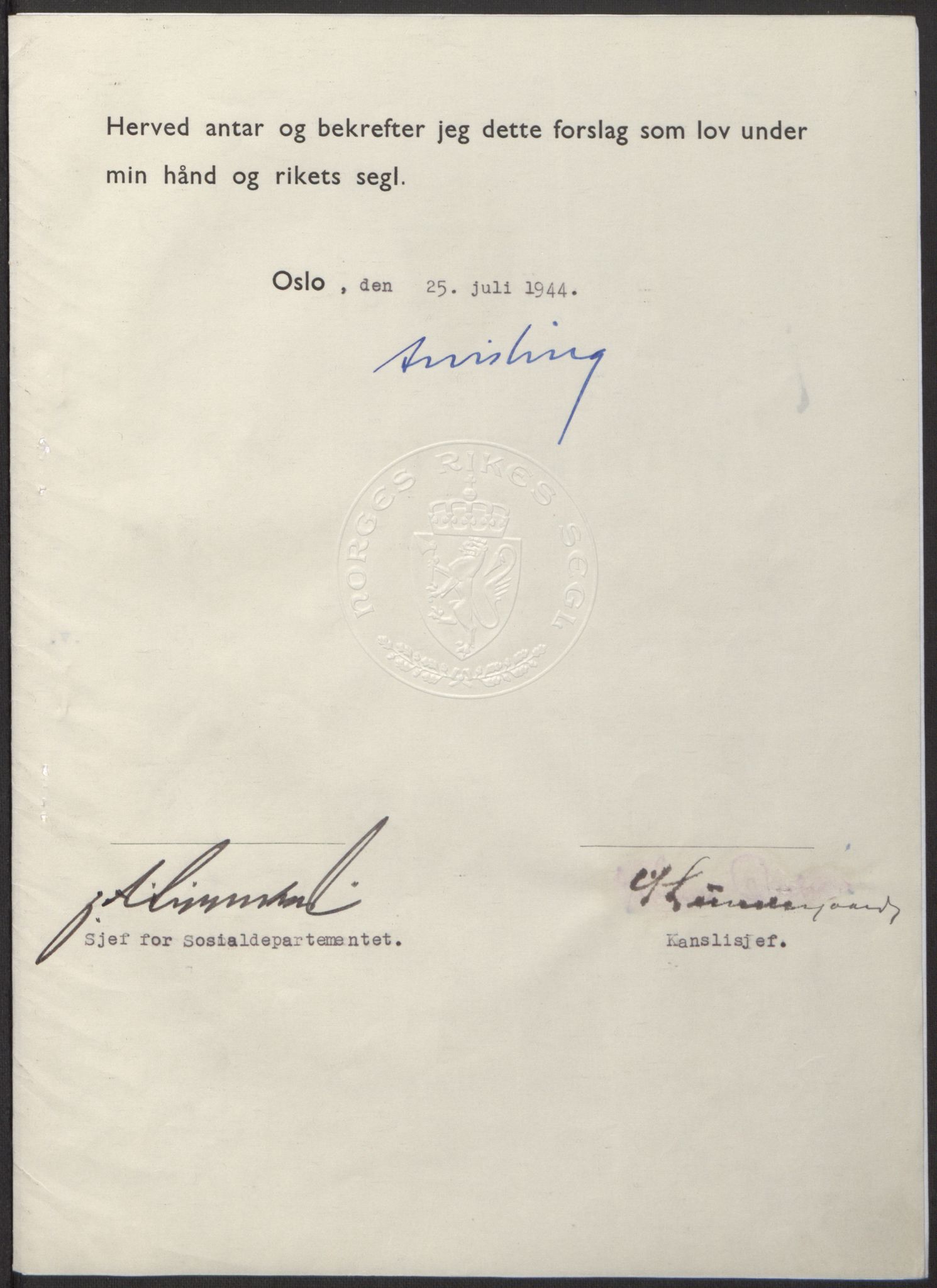 NS-administrasjonen 1940-1945 (Statsrådsekretariatet, de kommisariske statsråder mm), RA/S-4279/D/Db/L0100: Lover, 1944, s. 361