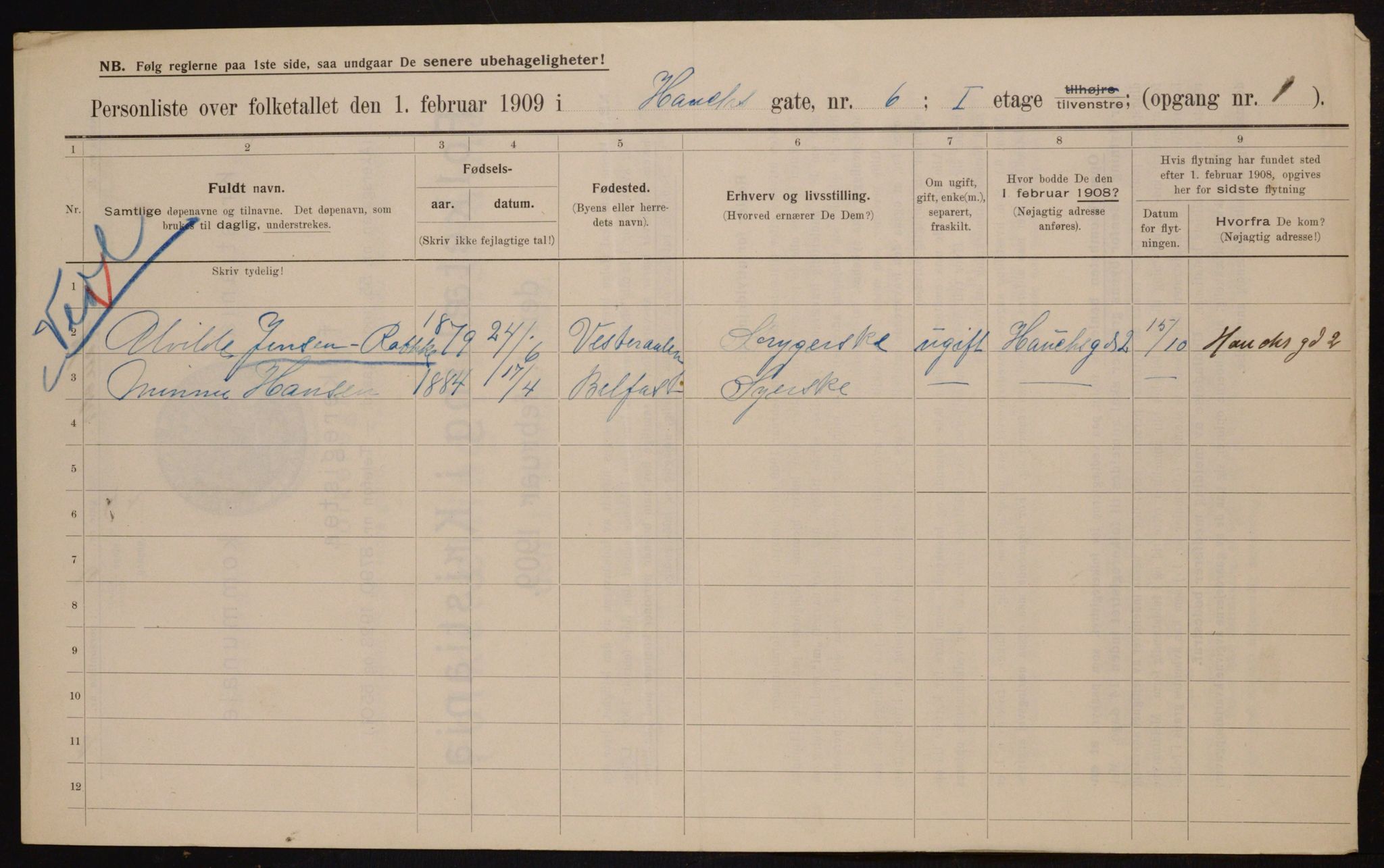 OBA, Kommunal folketelling 1.2.1909 for Kristiania kjøpstad, 1909, s. 31891