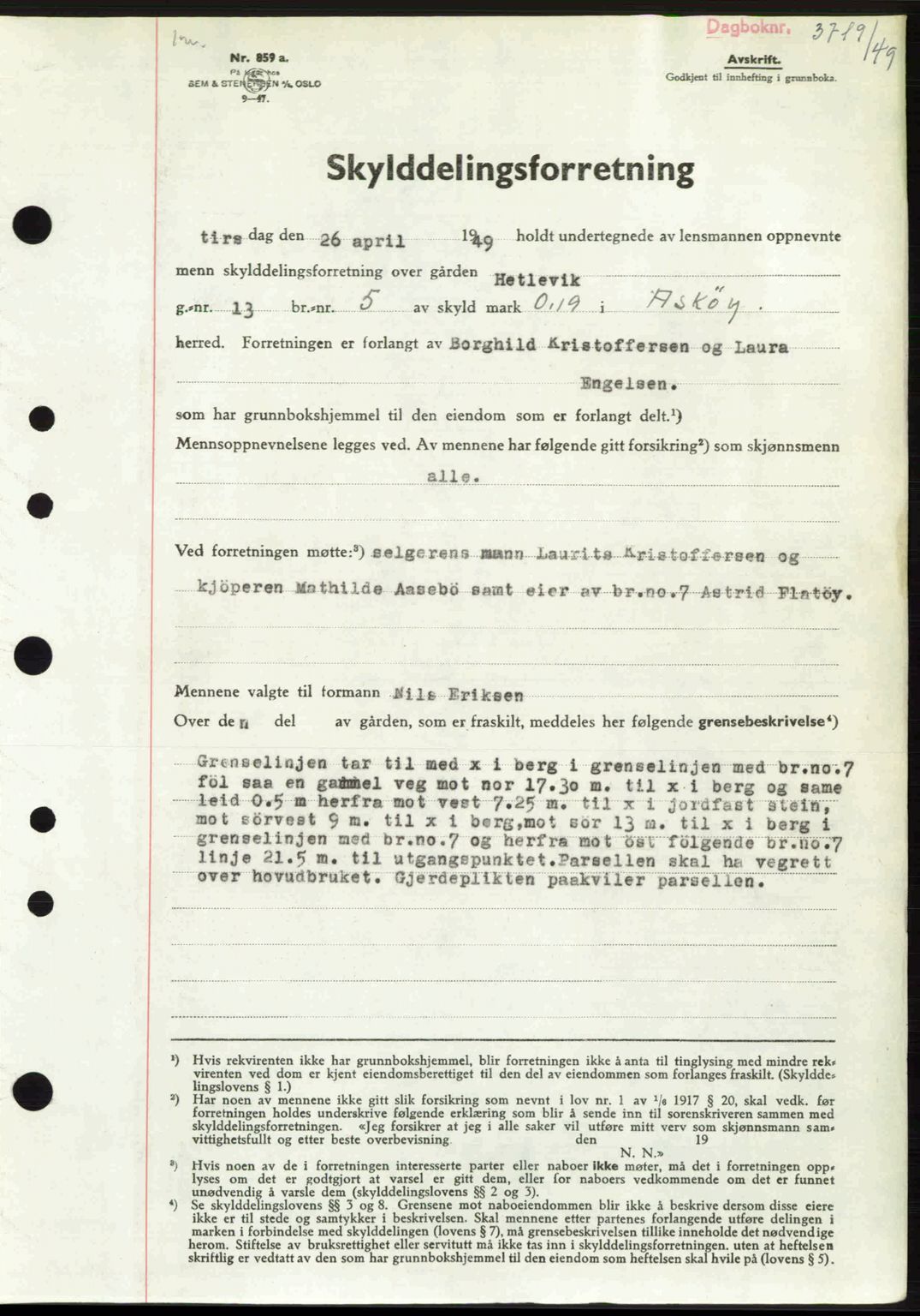 Midhordland sorenskriveri, SAB/A-3001/1/G/Gb/Gbh/L0032: Pantebok nr. A62-63, 1949-1949, Dagboknr: 3719/1949