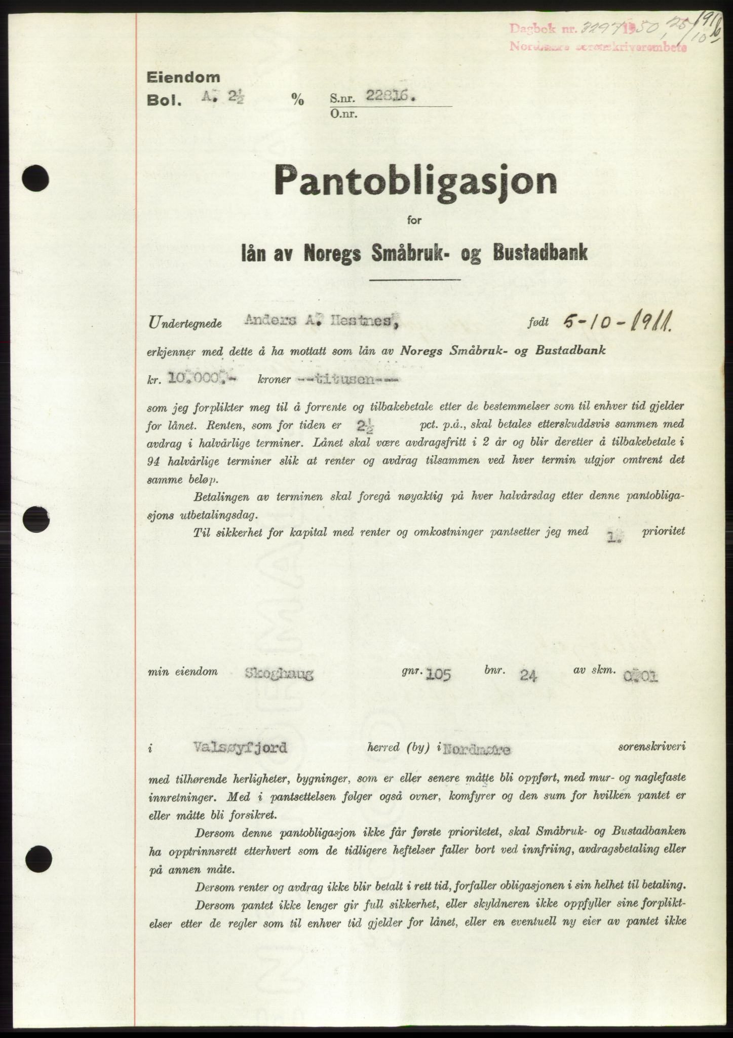 Nordmøre sorenskriveri, AV/SAT-A-4132/1/2/2Ca: Pantebok nr. B106, 1950-1950, Dagboknr: 3297/1950