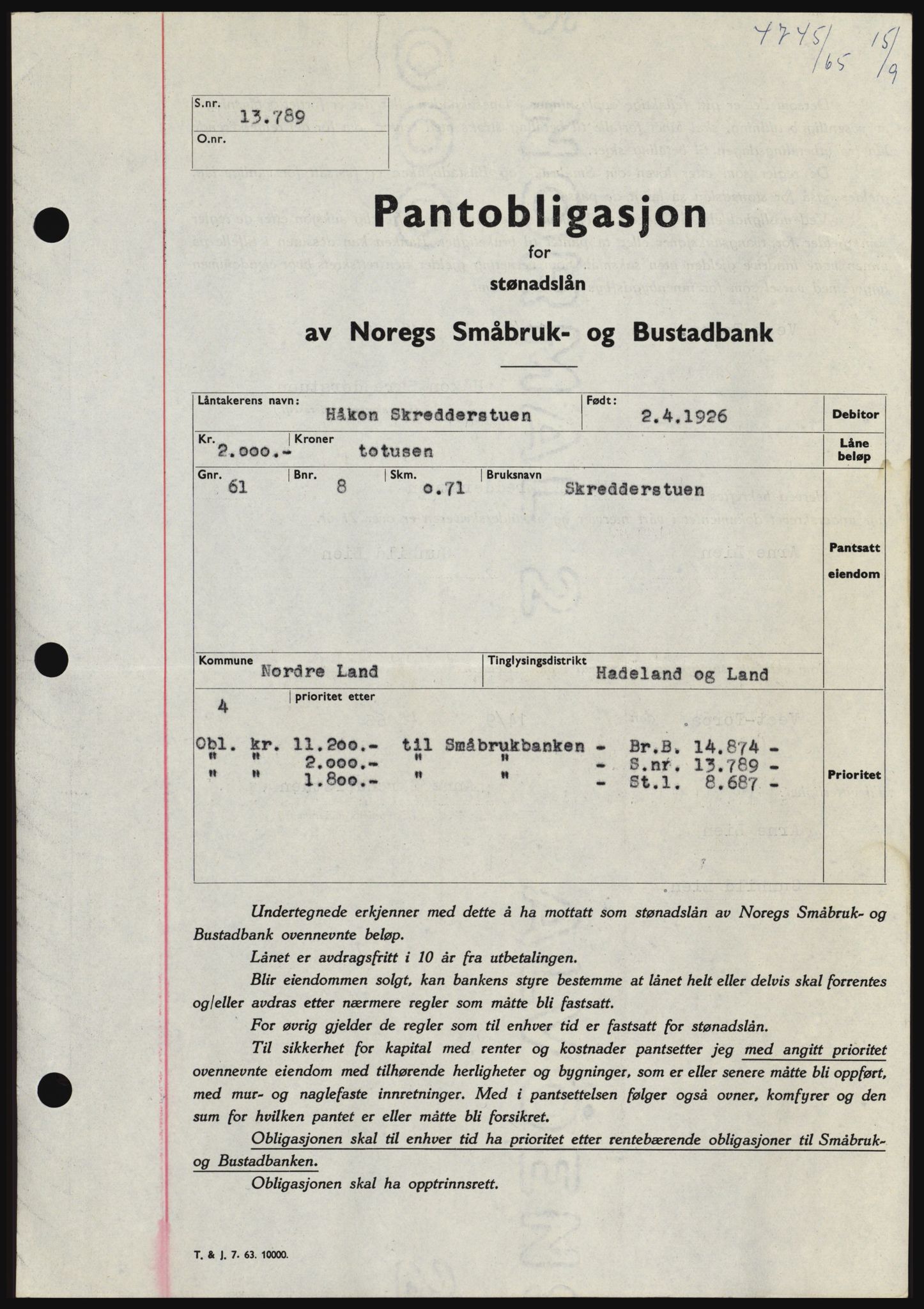 Hadeland og Land tingrett, SAH/TING-010/H/Hb/Hbc/L0060: Pantebok nr. B60, 1965-1965, Dagboknr: 4745/1965