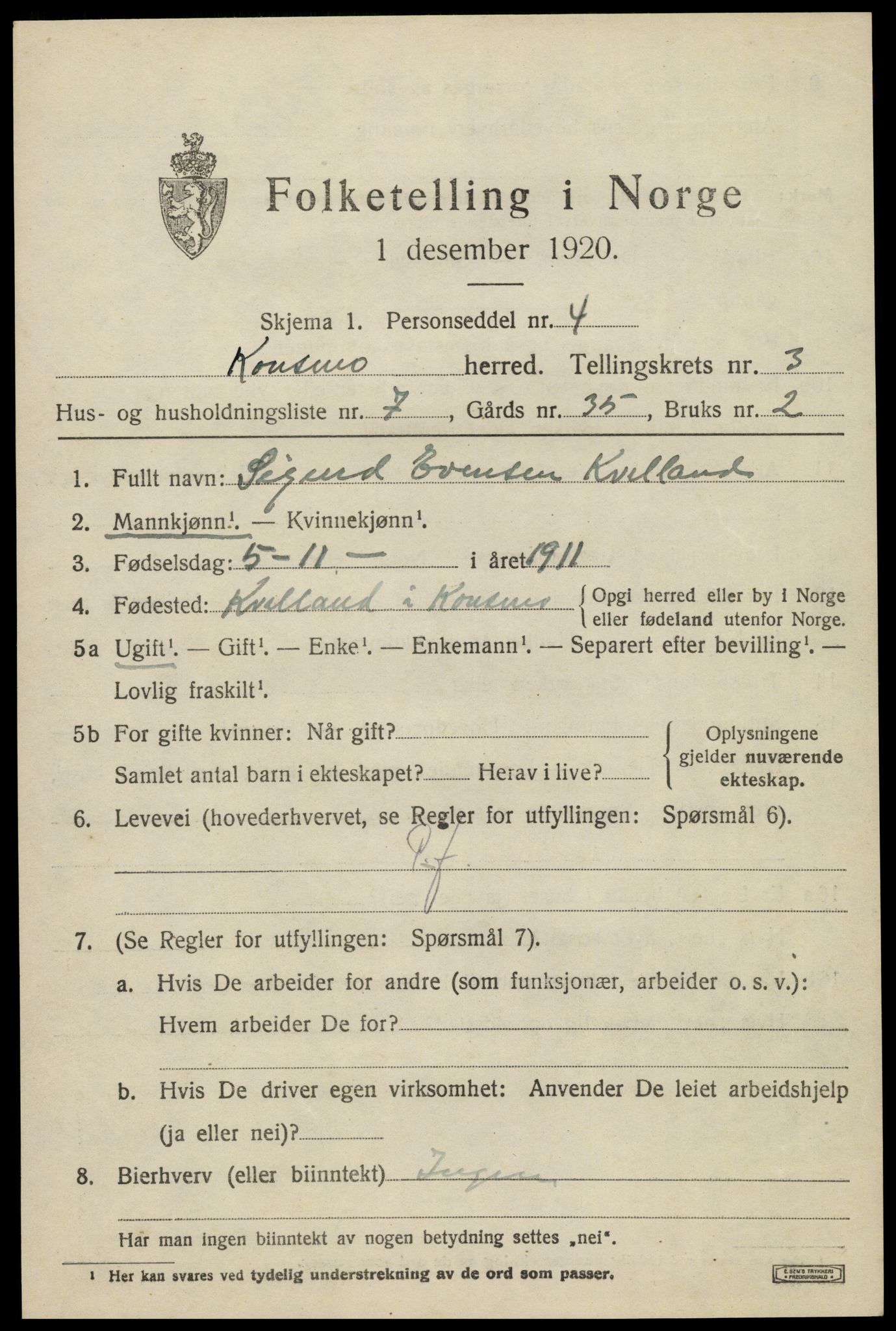 SAK, Folketelling 1920 for 1027 Konsmo herred, 1920, s. 1186