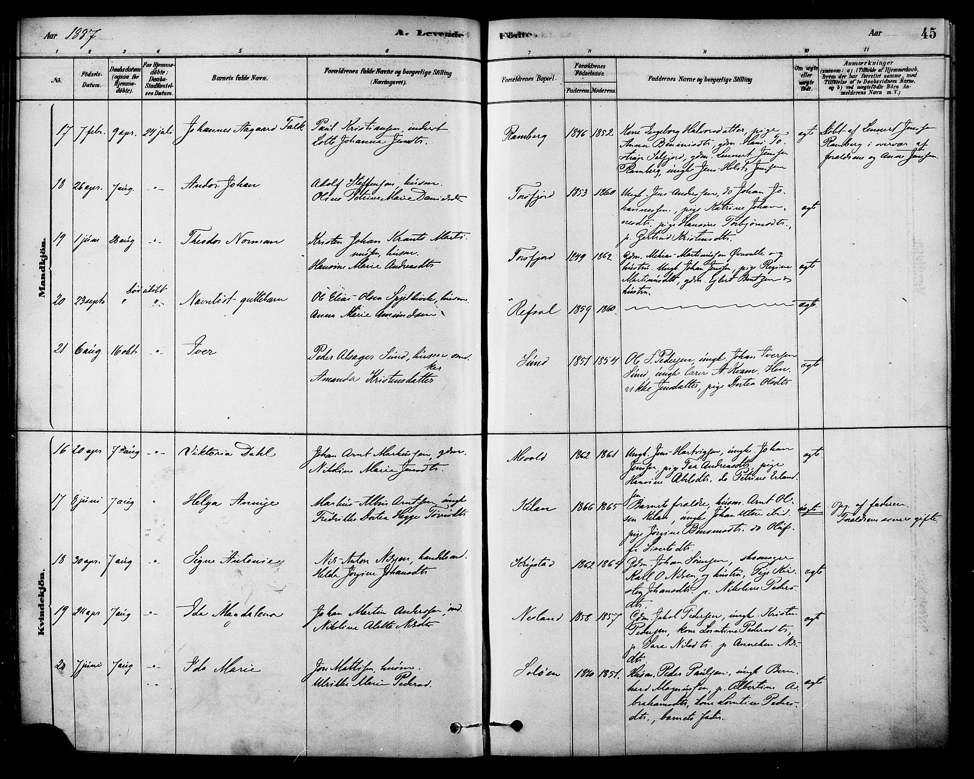 Ministerialprotokoller, klokkerbøker og fødselsregistre - Nordland, AV/SAT-A-1459/885/L1204: Ministerialbok nr. 885A05, 1878-1892, s. 45