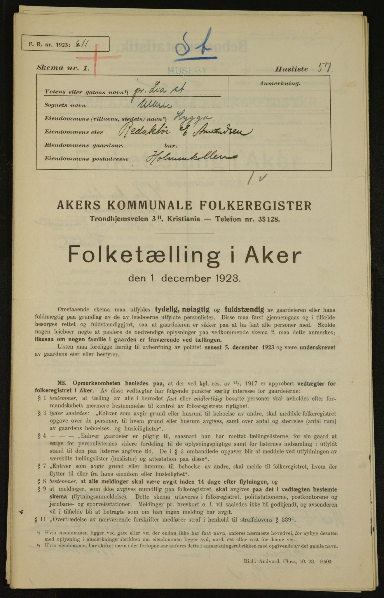 , Kommunal folketelling 1.12.1923 for Aker, 1923, s. 3557