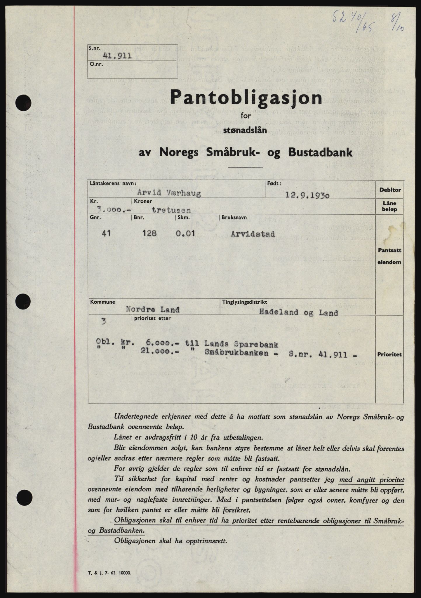 Hadeland og Land tingrett, SAH/TING-010/H/Hb/Hbc/L0060: Pantebok nr. B60, 1965-1965, Dagboknr: 5240/1965