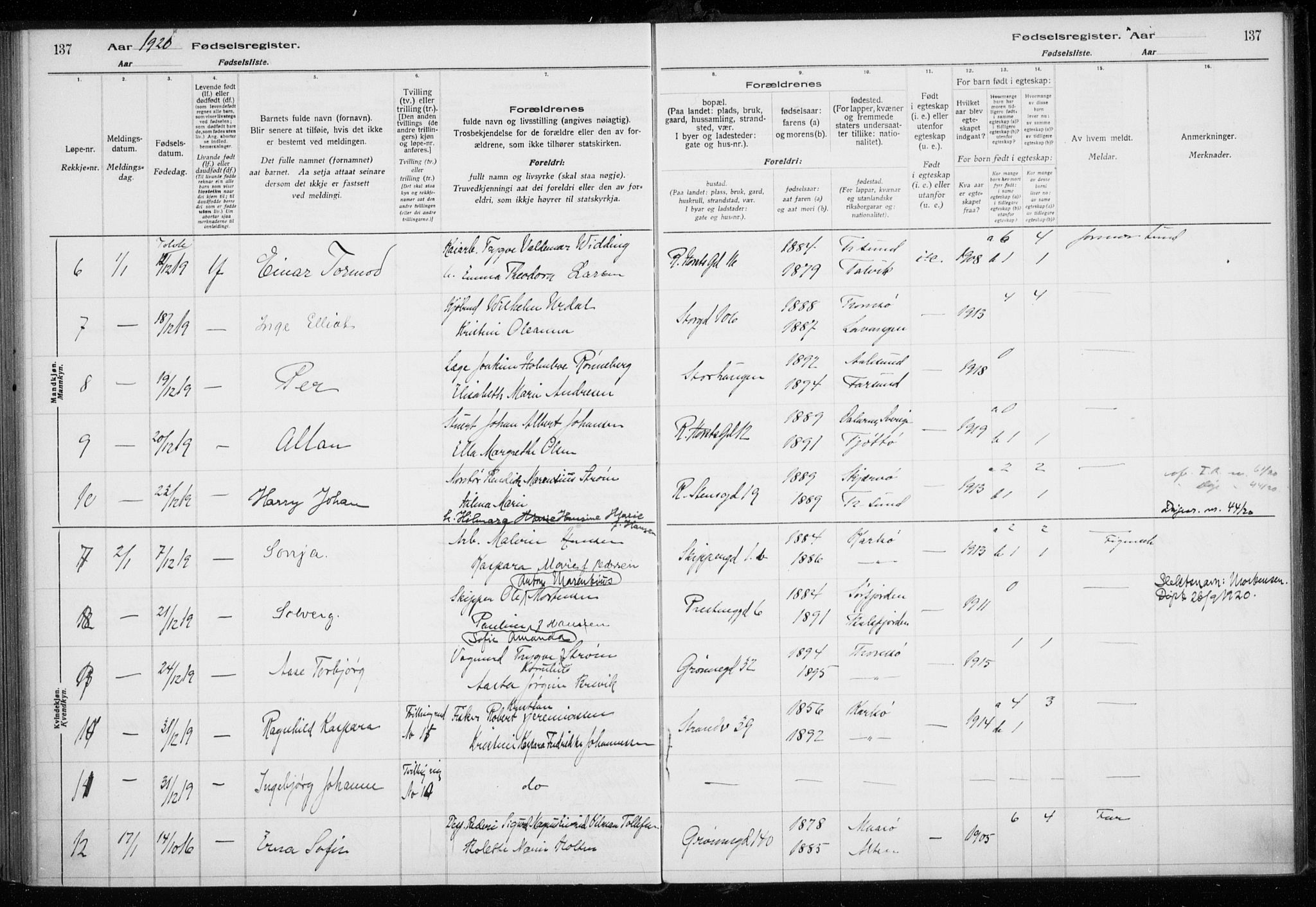 Tromsø sokneprestkontor/stiftsprosti/domprosti, SATØ/S-1343/H/Ha/L0131: Fødselsregister nr. 131, 1916-1921, s. 137