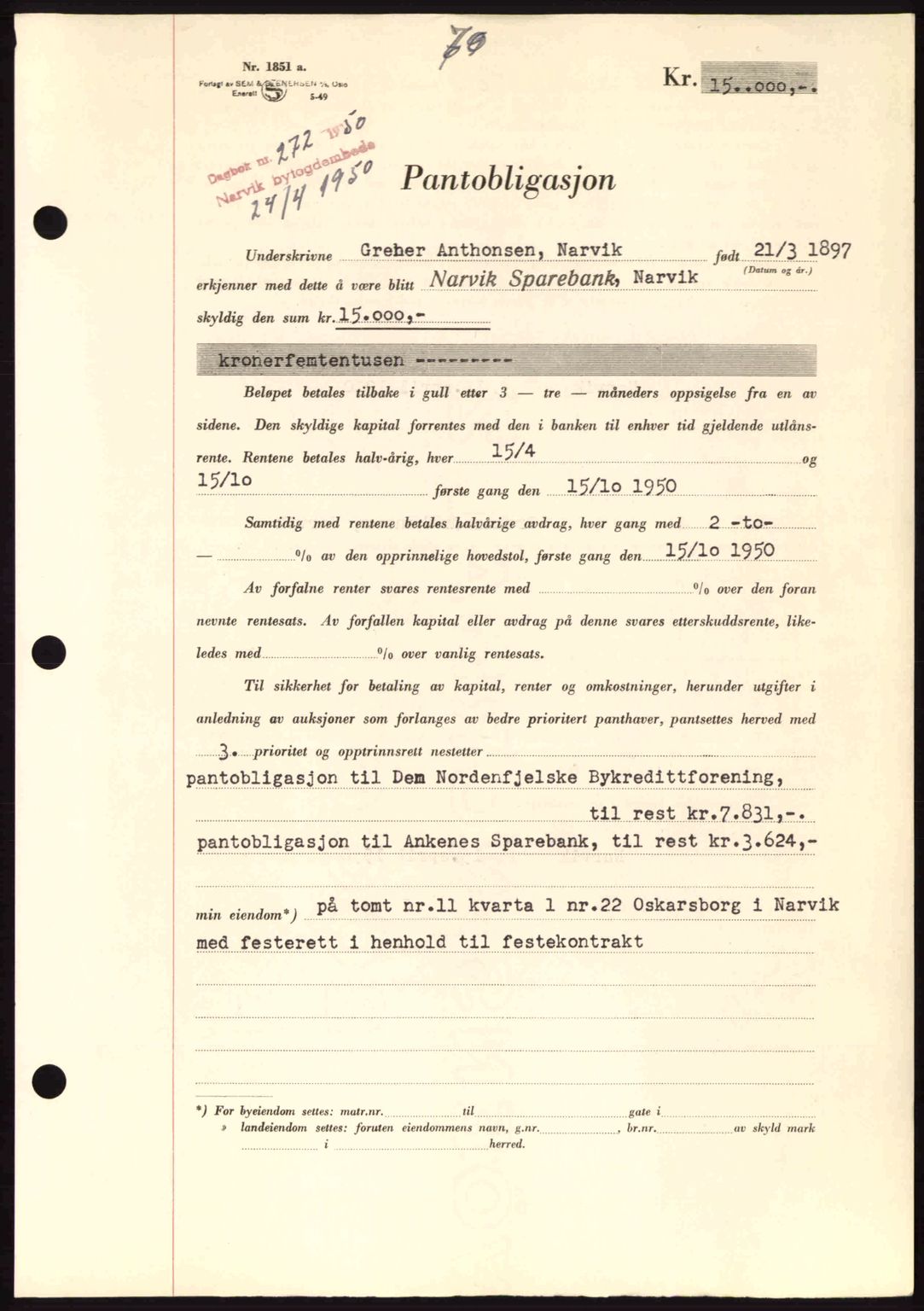 Narvik sorenskriveri, SAT/A-0002/1/2/2C/2Ca: Pantebok nr. A26, 1950-1950, Dagboknr: 272/1950