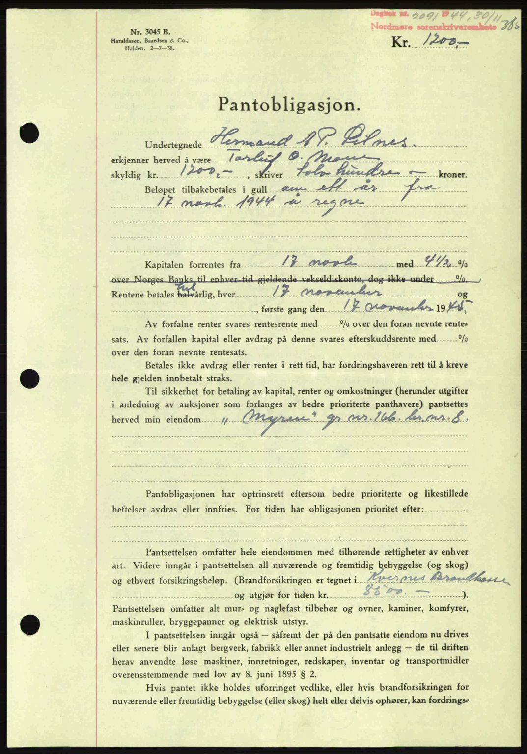 Nordmøre sorenskriveri, AV/SAT-A-4132/1/2/2Ca: Pantebok nr. B92, 1944-1945, Dagboknr: 2091/1944