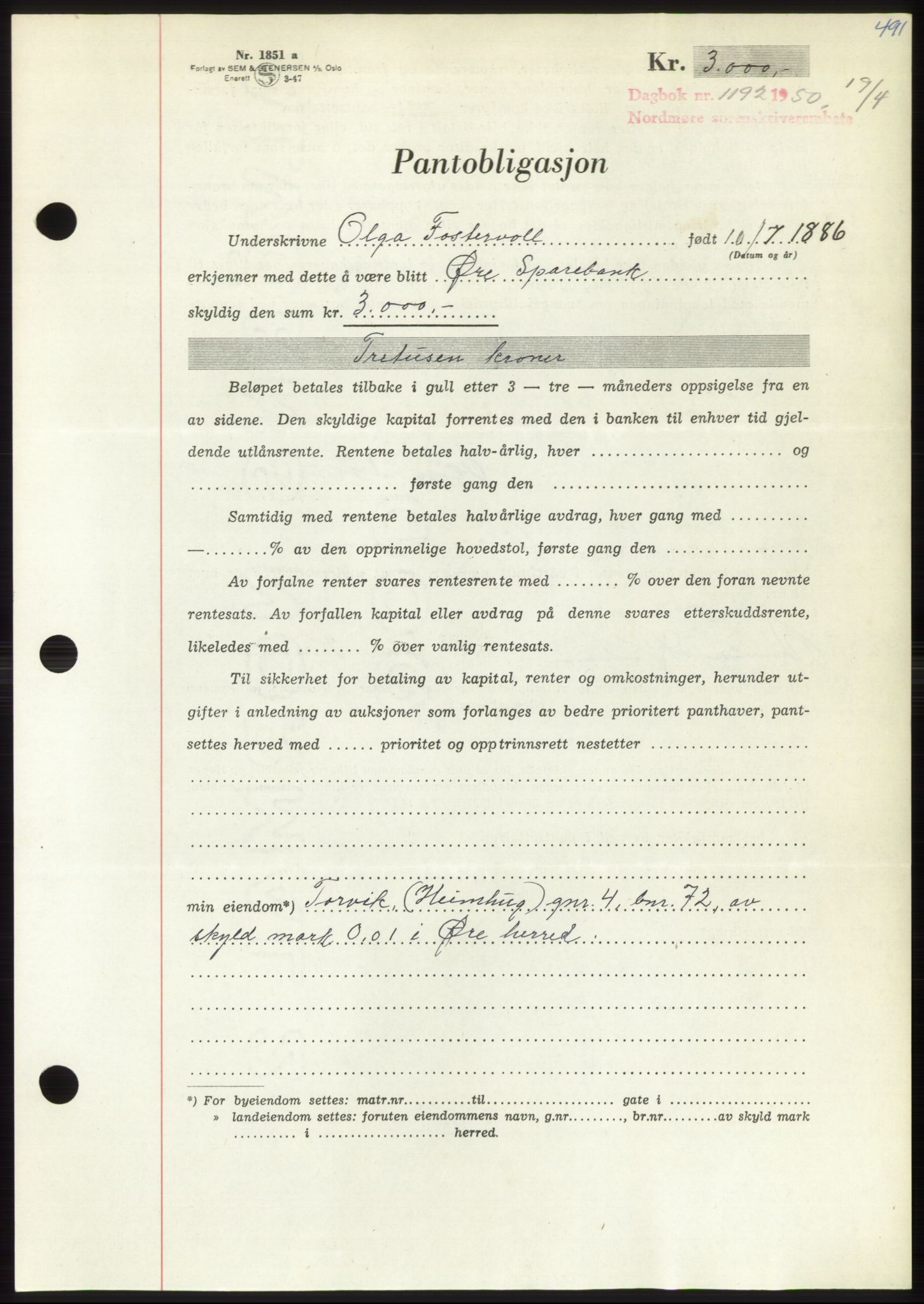 Nordmøre sorenskriveri, SAT/A-4132/1/2/2Ca: Pantebok nr. B104, 1950-1950, Dagboknr: 1192/1950