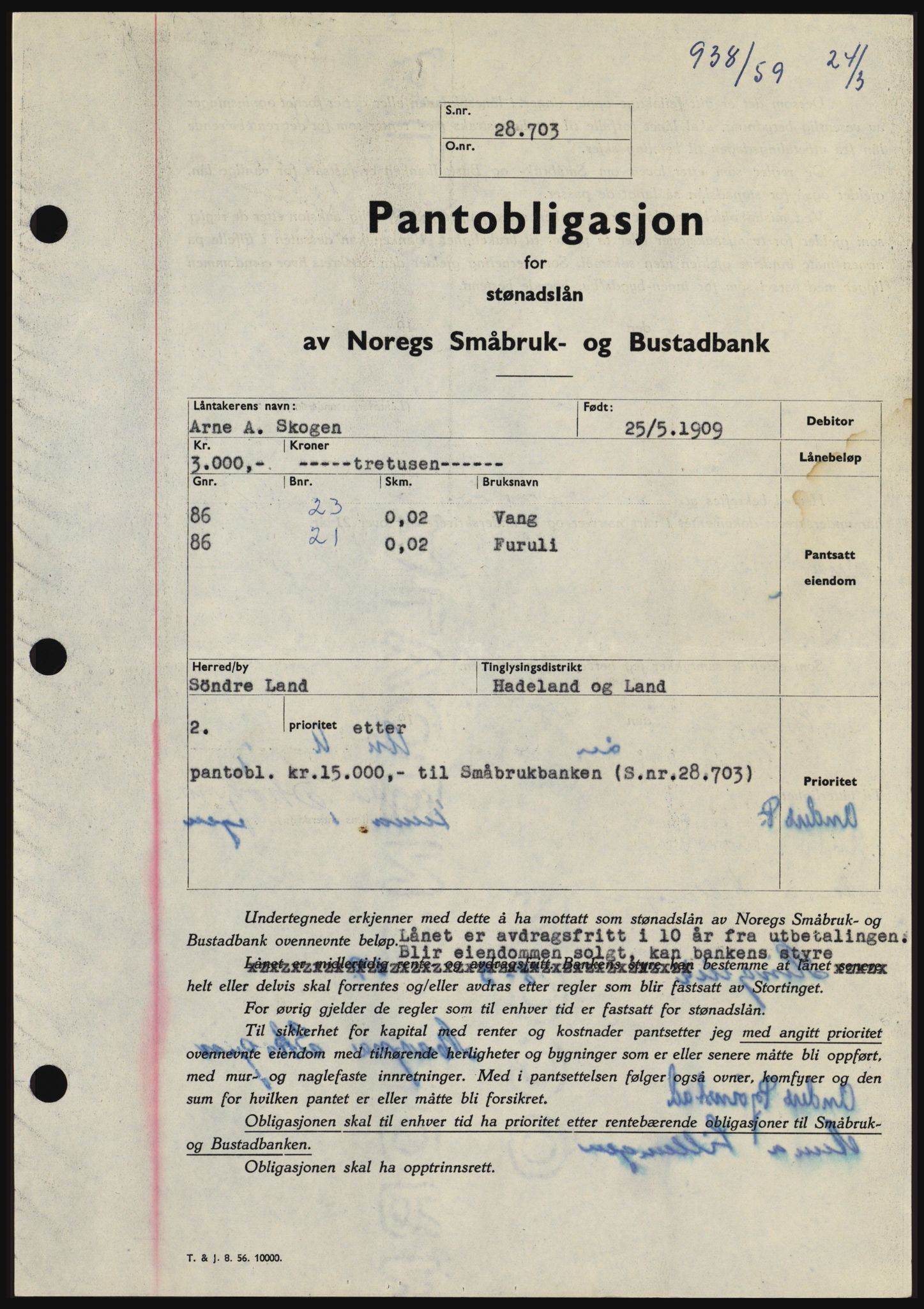 Hadeland og Land tingrett, SAH/TING-010/H/Hb/Hbc/L0040: Pantebok nr. B40, 1959-1959, Dagboknr: 938/1959