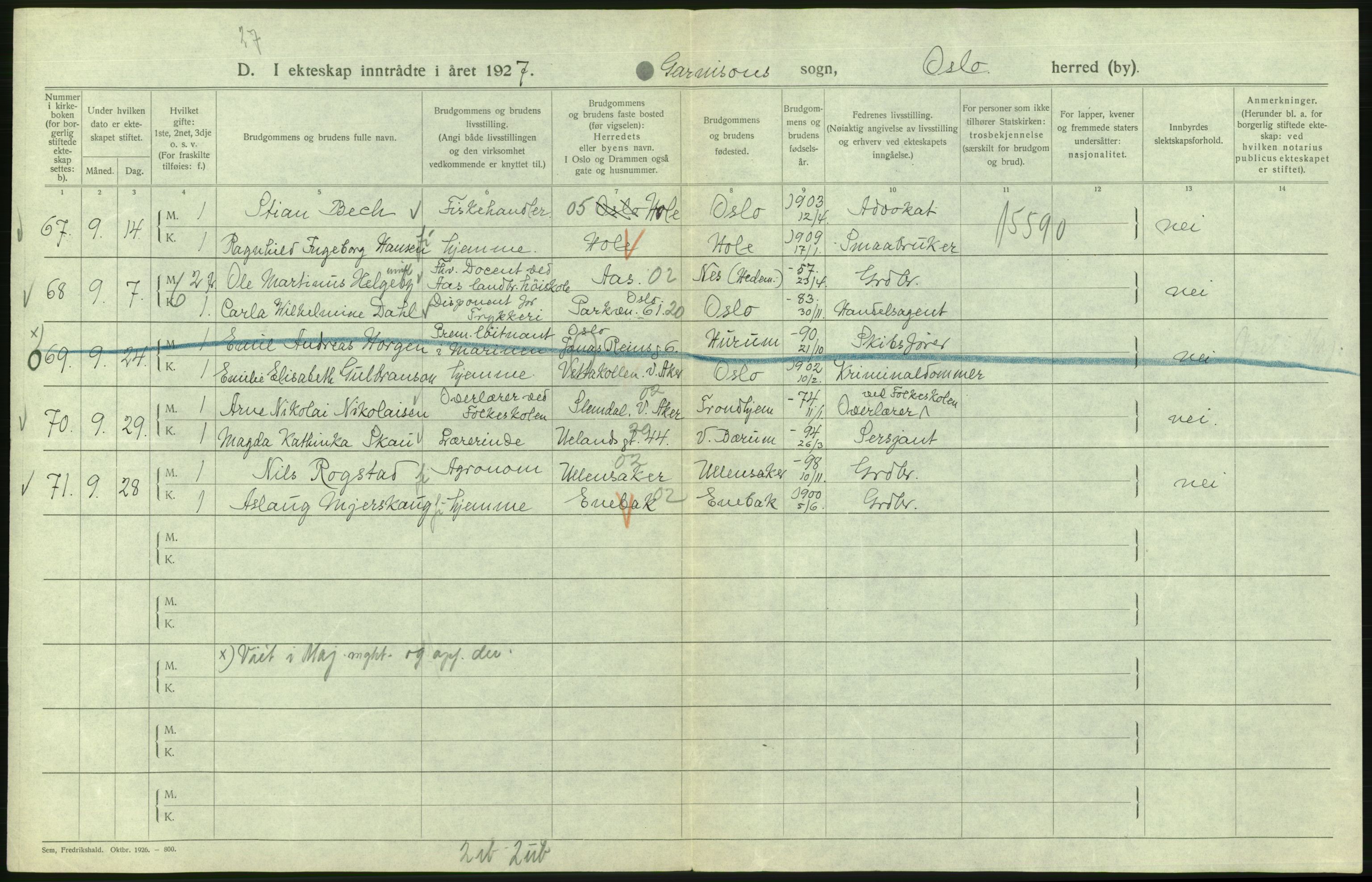 Statistisk sentralbyrå, Sosiodemografiske emner, Befolkning, AV/RA-S-2228/D/Df/Dfc/Dfcg/L0008: Oslo: Gifte, 1927, s. 666