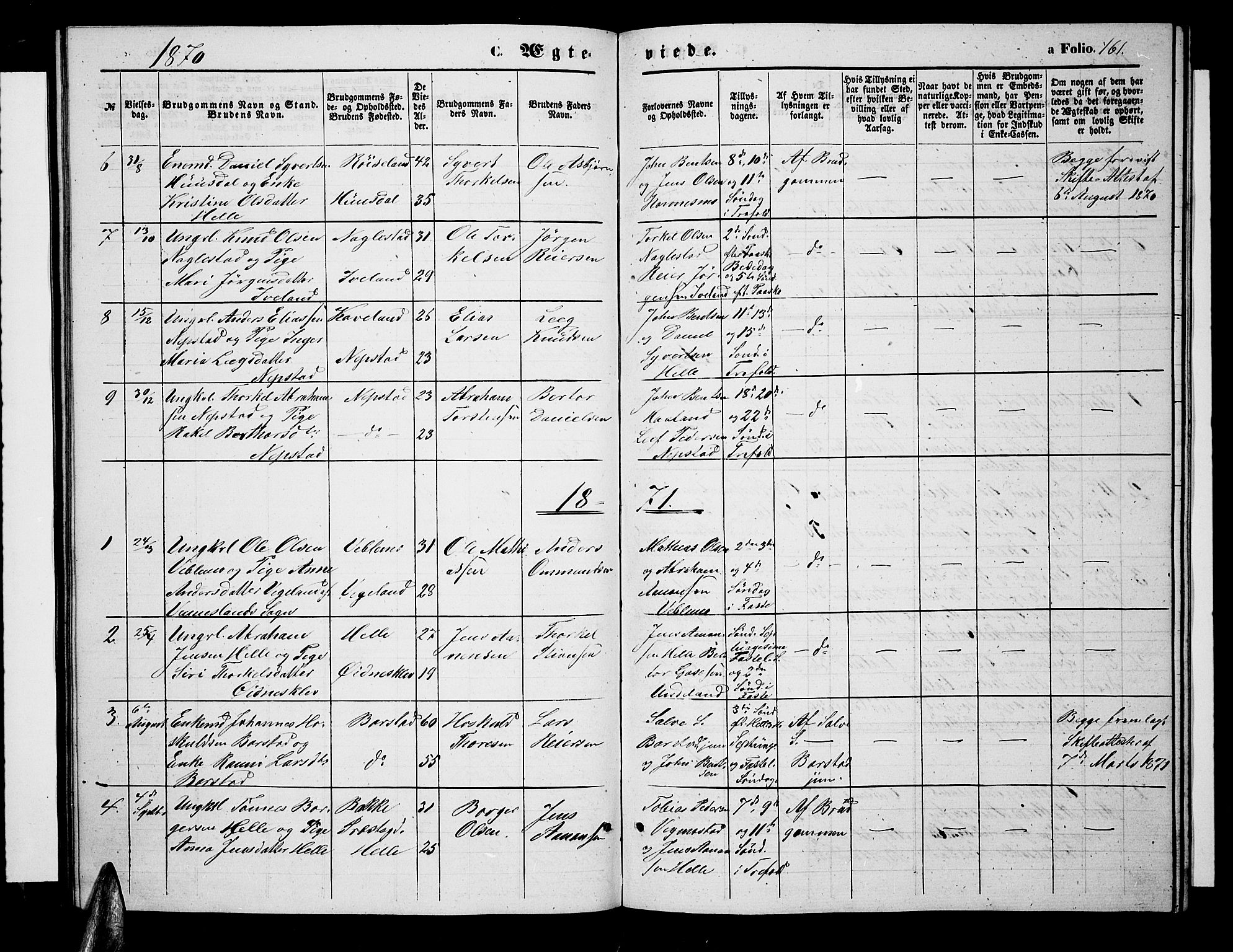 Nord-Audnedal sokneprestkontor, SAK/1111-0032/F/Fb/Fba/L0002: Klokkerbok nr. B 2, 1856-1882, s. 161