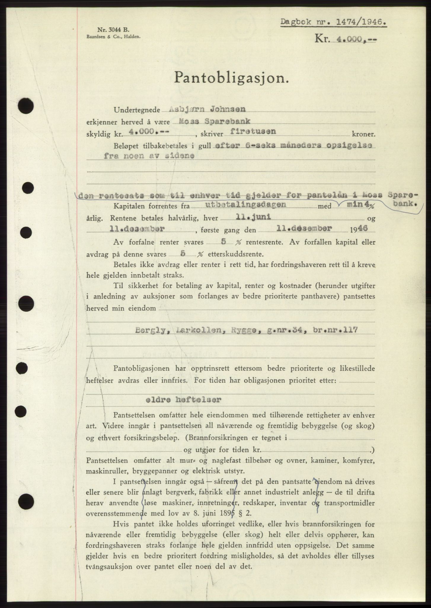 Moss sorenskriveri, SAO/A-10168: Pantebok nr. B15, 1946-1946, Dagboknr: 1474/1946