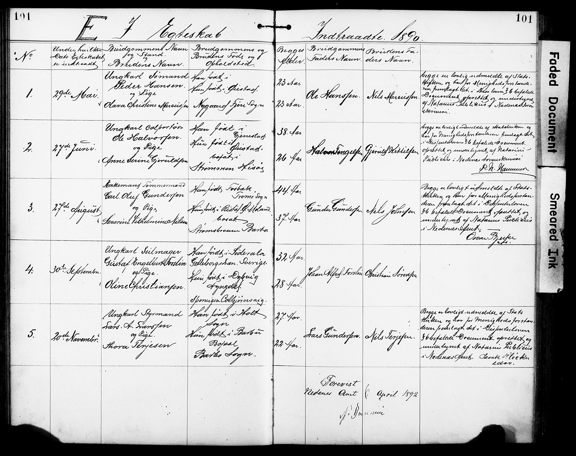 Den evangelisk-lutherske frimenighet, Arendal, AV/SAK-1292-0005/F/Fa/L0002: Dissenterprotokoll nr. F 6, 1884-1908, s. 101