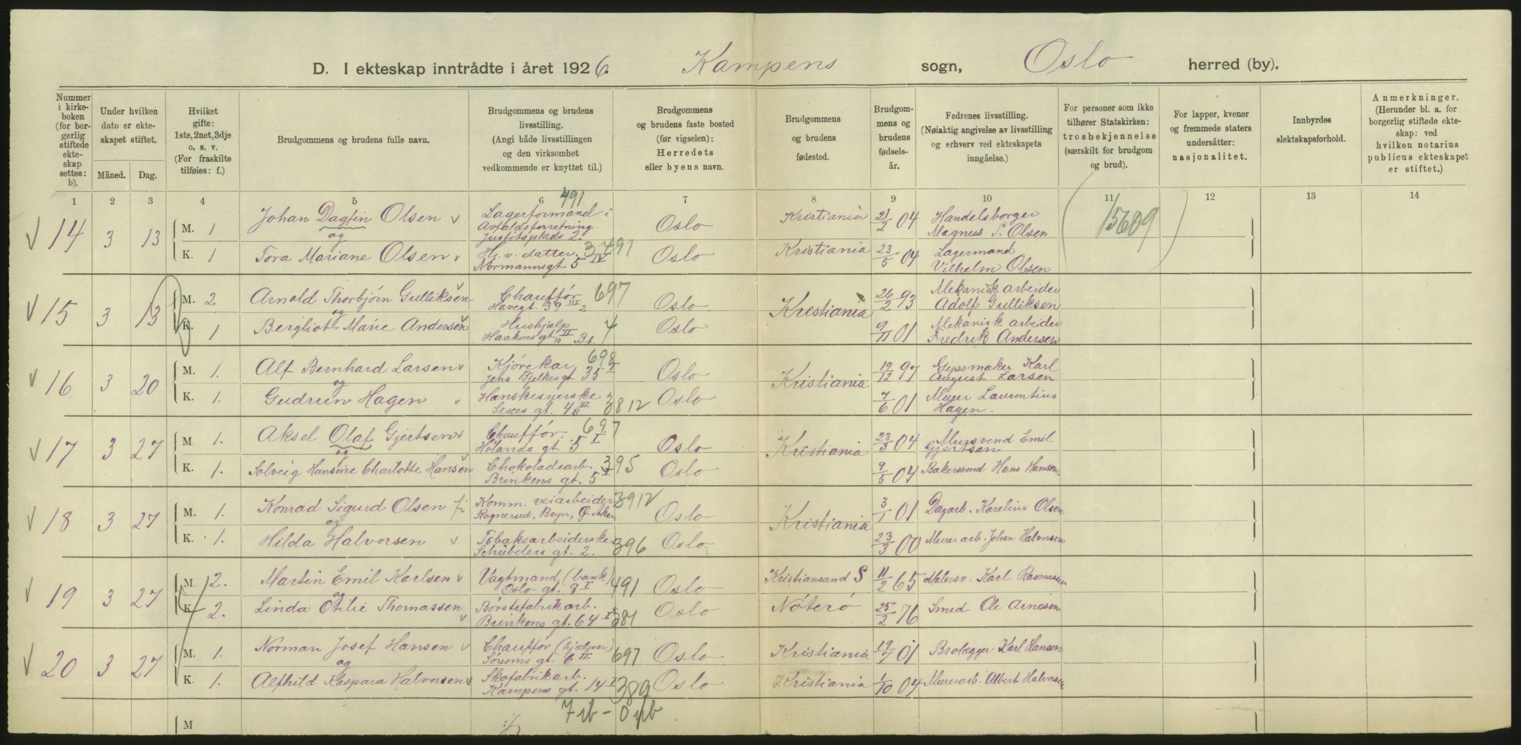 Statistisk sentralbyrå, Sosiodemografiske emner, Befolkning, AV/RA-S-2228/D/Df/Dfc/Dfcf/L0008: Oslo: Gifte, 1926, s. 616