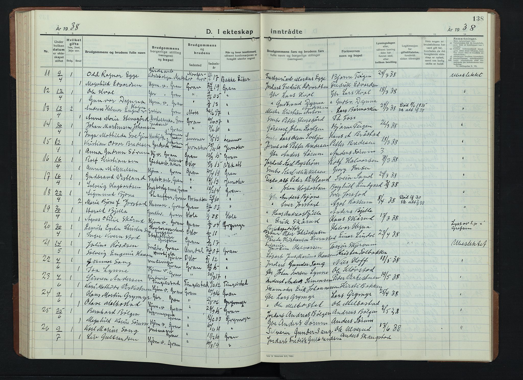 Gran prestekontor, AV/SAH-PREST-112/H/Ha/Hab/L0009: Klokkerbok nr. 9, 1933-1950, s. 138