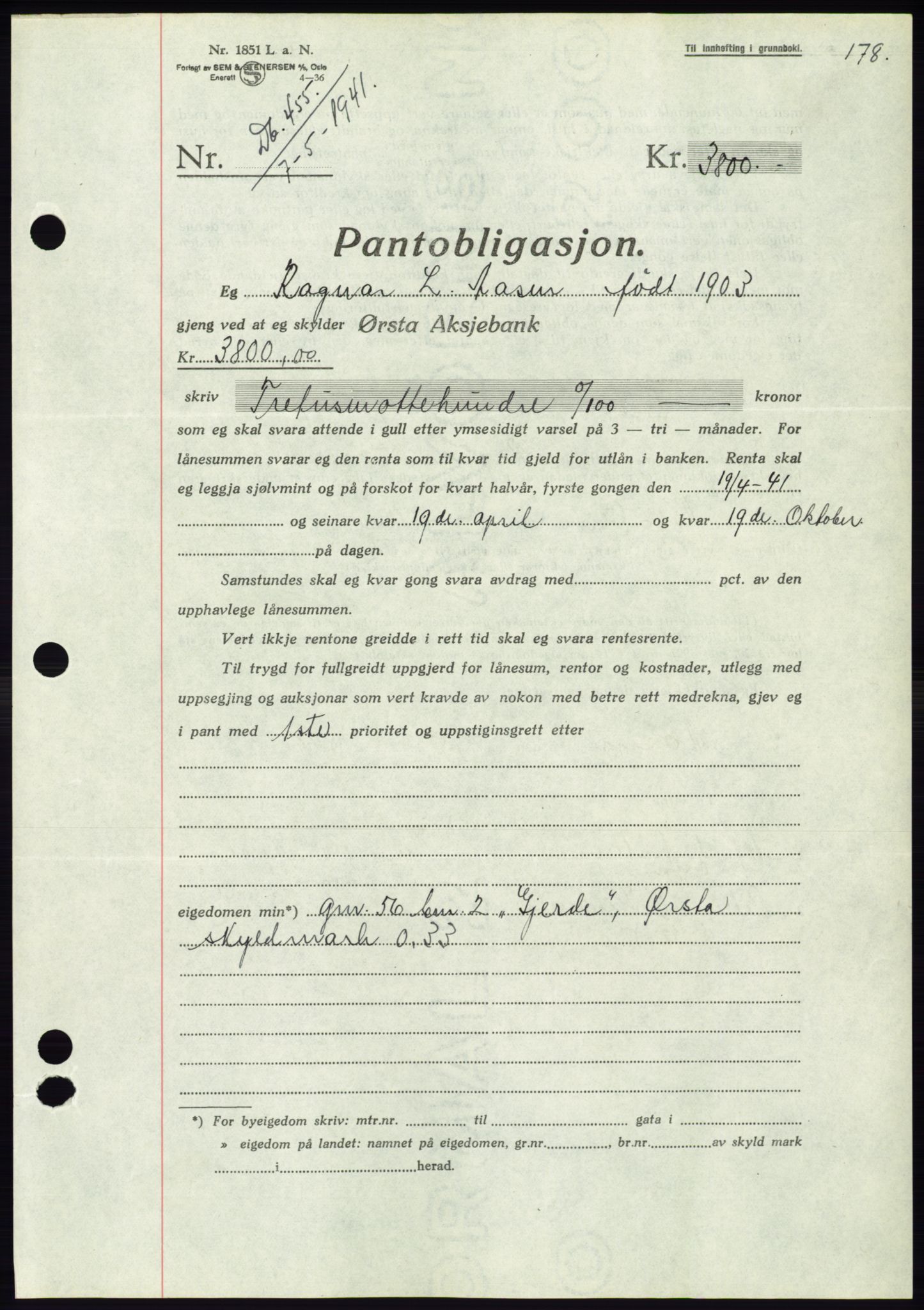 Søre Sunnmøre sorenskriveri, AV/SAT-A-4122/1/2/2C/L0071: Pantebok nr. 65, 1941-1941, Dagboknr: 455/1941