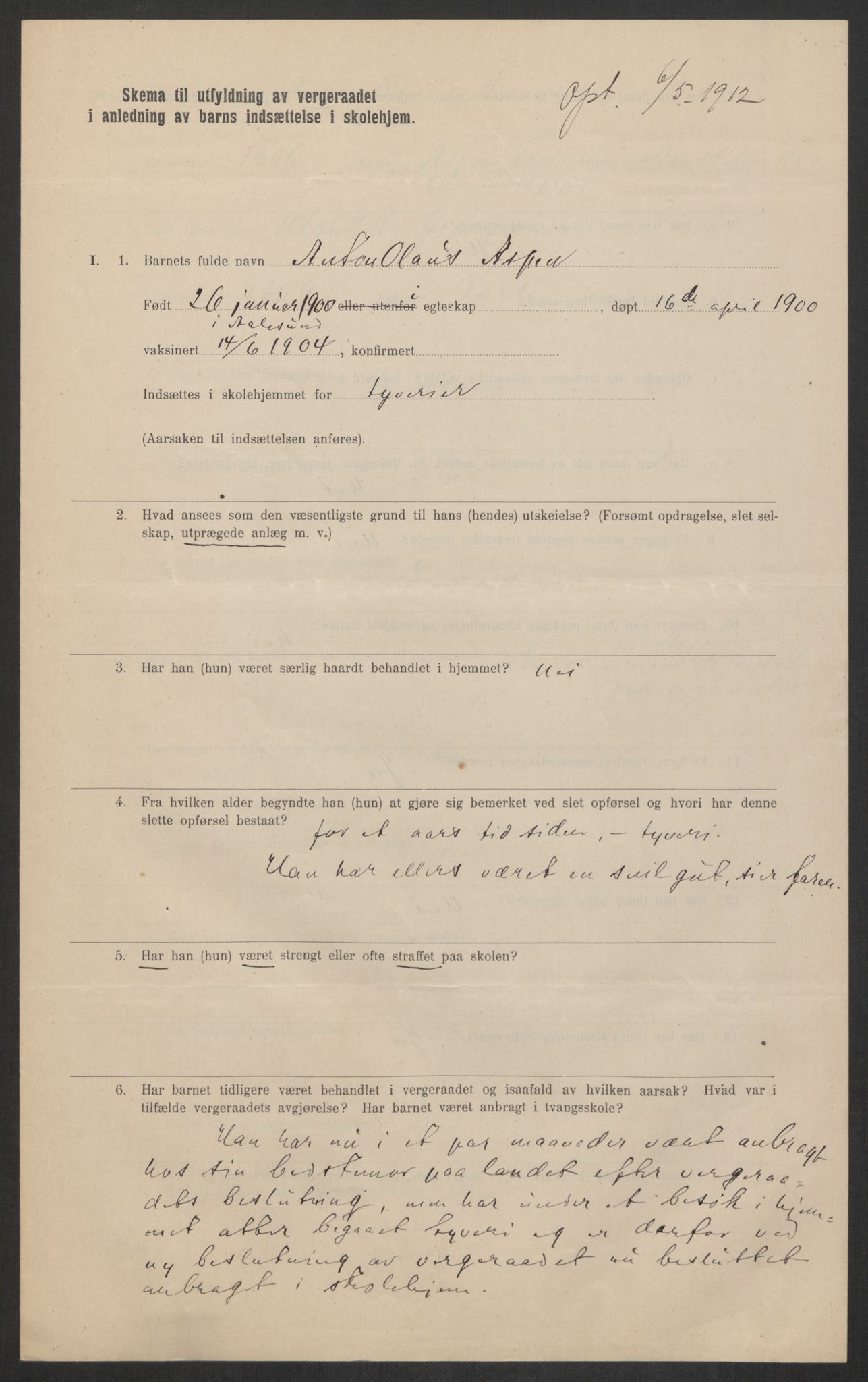 Falstad skolehjem, RA/S-1676/E/Eb/L0011: Elevmapper løpenr.. 240-260, 1911-1918, s. 287