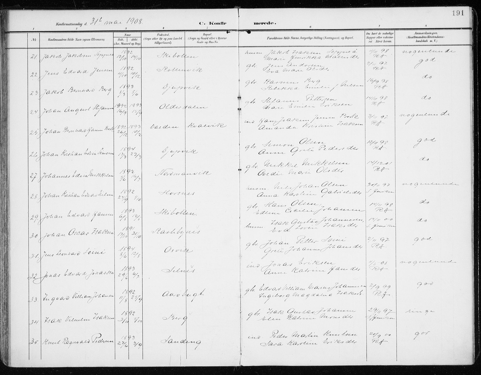 Lyngen sokneprestembete, AV/SATØ-S-1289/H/He/Hea/L0011kirke: Ministerialbok nr. 11, 1903-1913, s. 191
