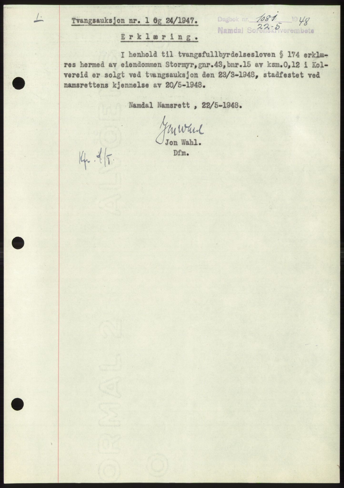 Namdal sorenskriveri, SAT/A-4133/1/2/2C: Pantebok nr. -, 1947-1948, Dagboknr: 1081/1948