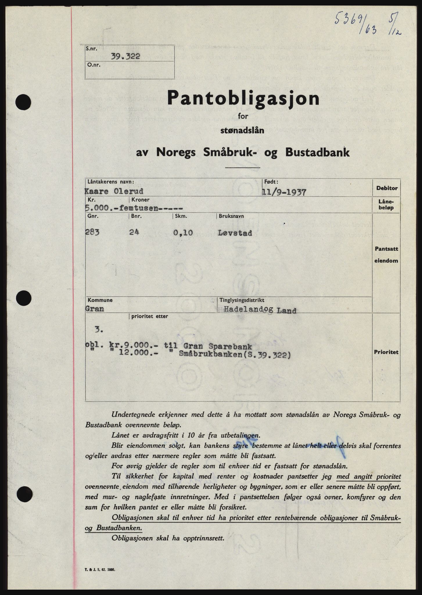 Hadeland og Land tingrett, SAH/TING-010/H/Hb/Hbc/L0053: Pantebok nr. B53, 1963-1964, Dagboknr: 5369/1963