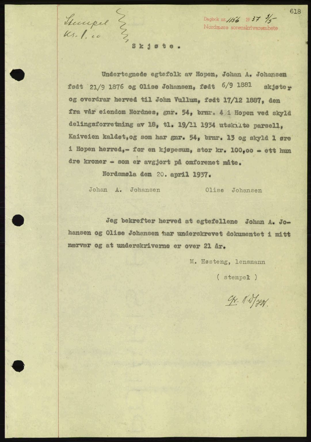 Nordmøre sorenskriveri, SAT/A-4132/1/2/2Ca: Pantebok nr. A81, 1937-1937, Dagboknr: 1156/1937