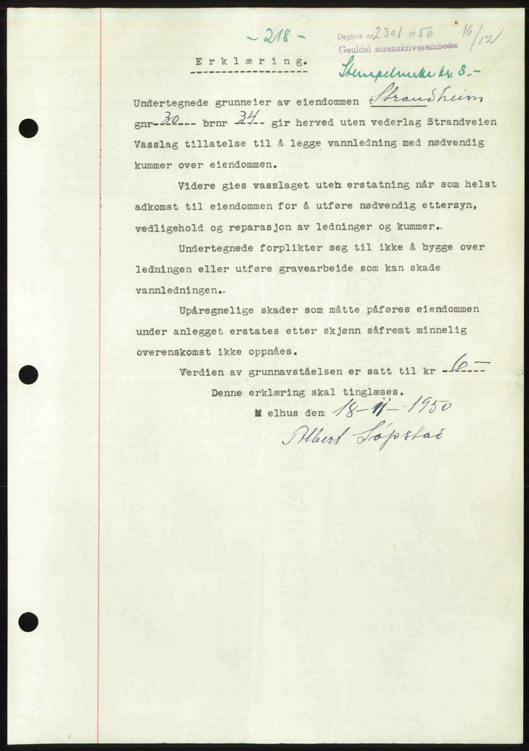 Gauldal sorenskriveri, SAT/A-0014/1/2/2C: Pantebok nr. A11, 1950-1950, Dagboknr: 2301/1950