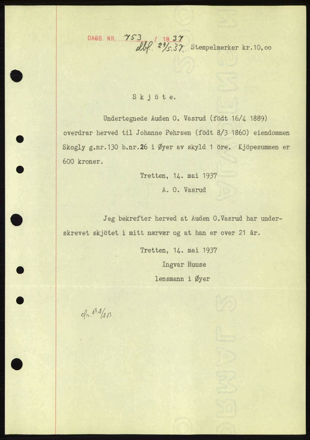 Sør-Gudbrandsdal tingrett, SAH/TING-004/H/Hb/Hbd/L0002: Pantebok nr. A2, 1936-1937, Dagboknr: 753/1937
