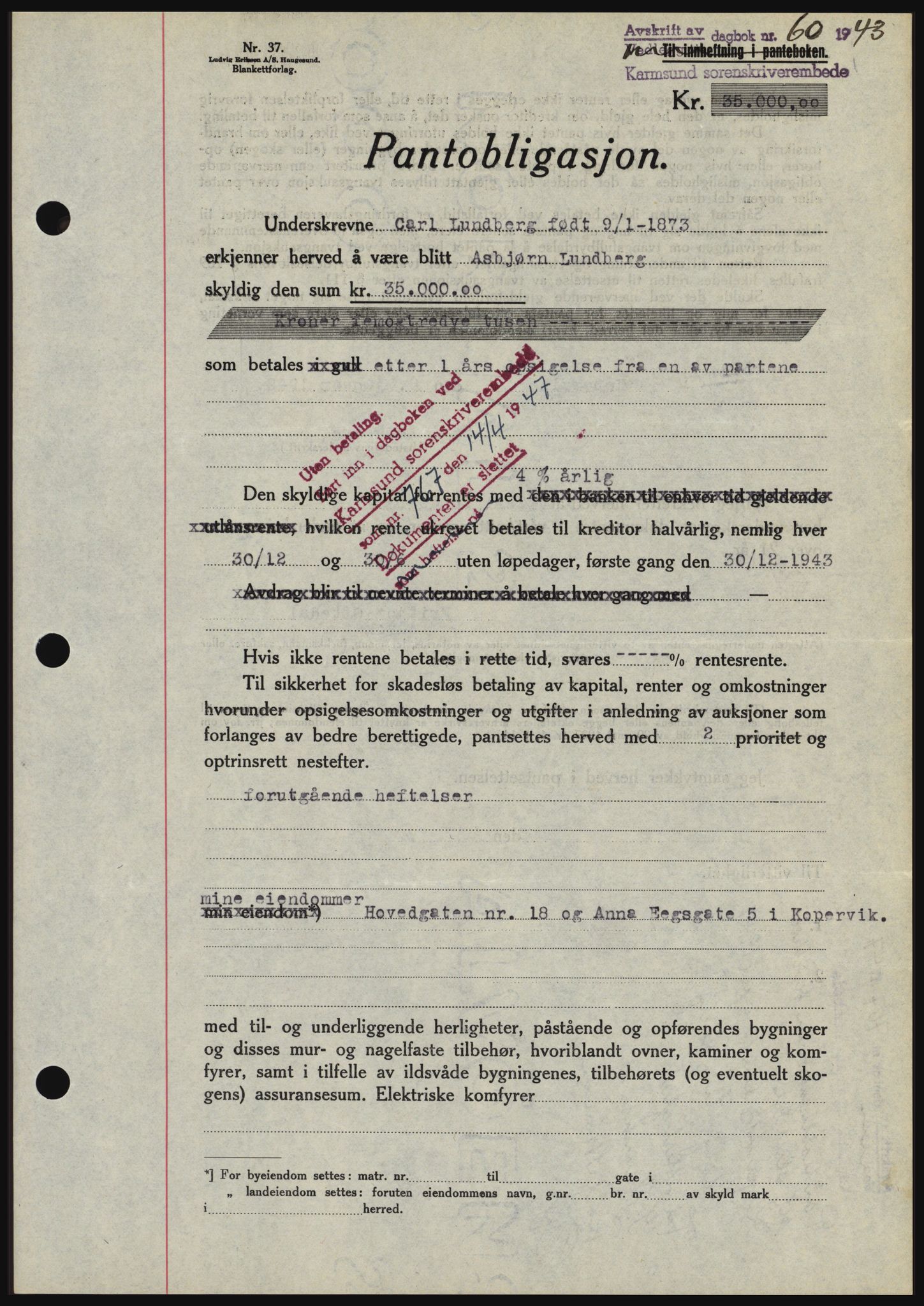 Karmsund sorenskriveri, SAST/A-100311/01/II/IIBBE/L0008: Pantebok nr. B 54, 1942-1943, Dagboknr: 60/1943