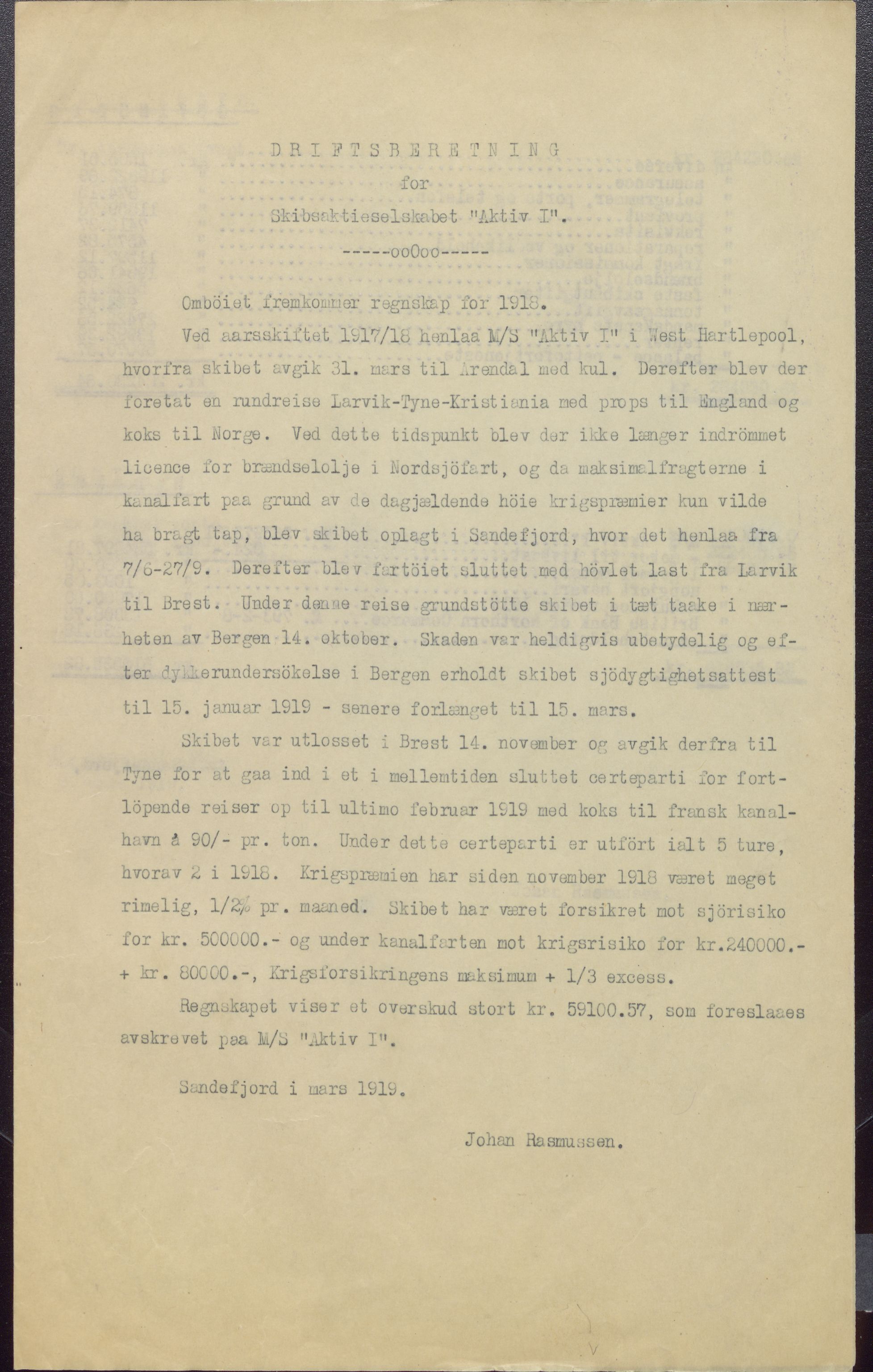 Skipsaktieselskabet Aktiv 1, VEMU/ARS-A-1046/A/L0001: Dokumentasjon vedrørende drift, 1916-1922