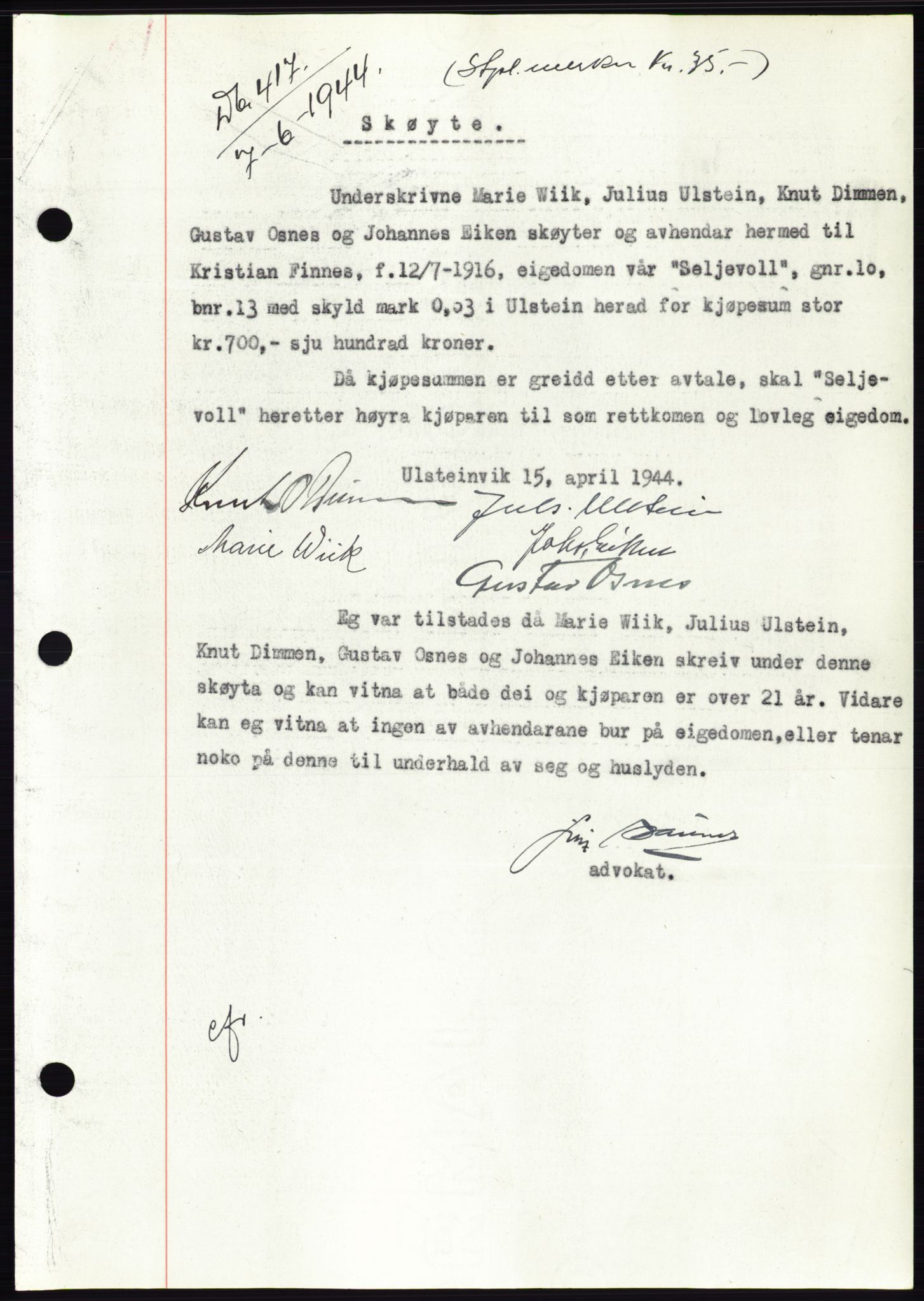 Søre Sunnmøre sorenskriveri, SAT/A-4122/1/2/2C/L0076: Pantebok nr. 2A, 1943-1944, Dagboknr: 417/1944