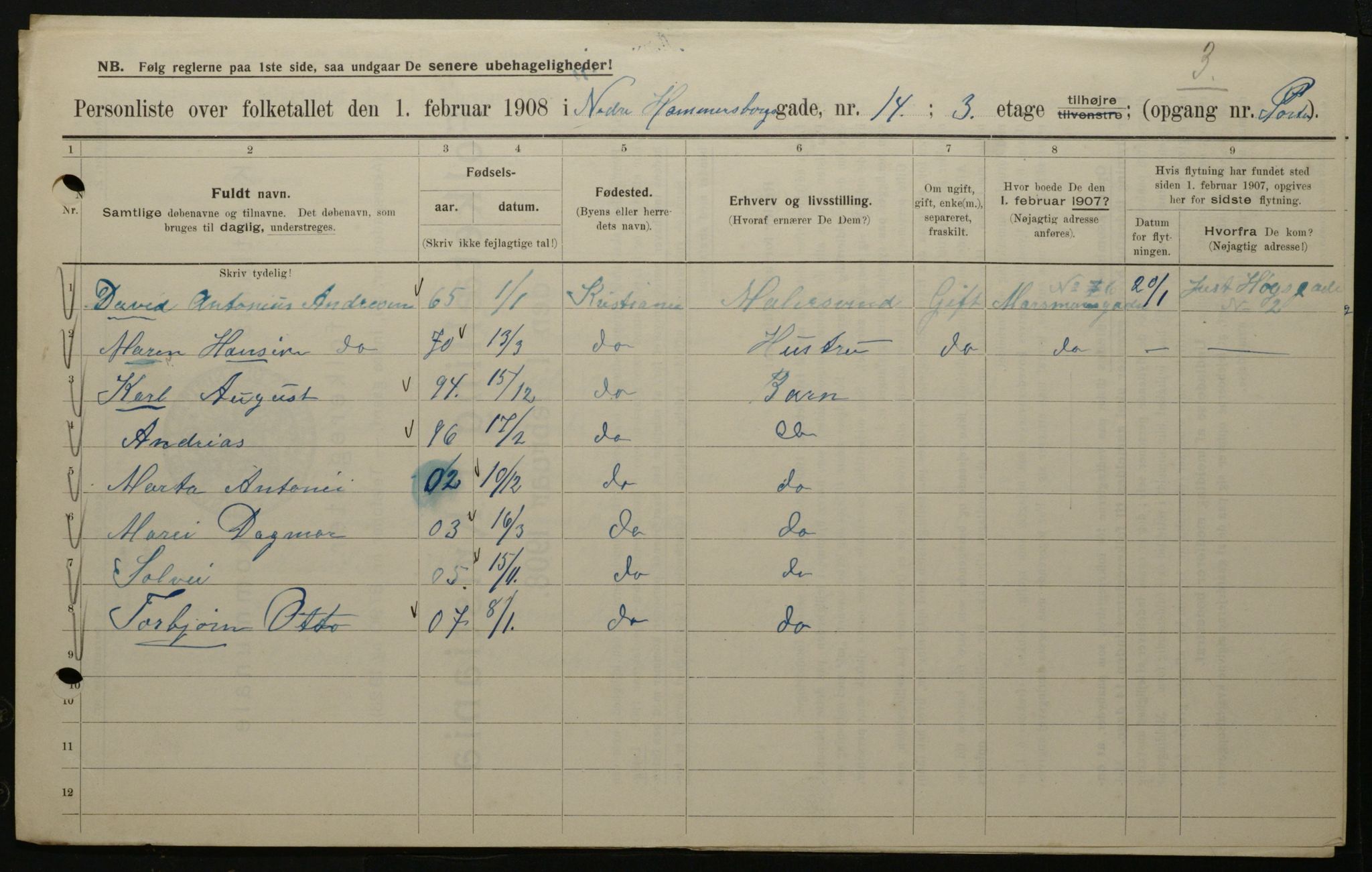 OBA, Kommunal folketelling 1.2.1908 for Kristiania kjøpstad, 1908, s. 62227