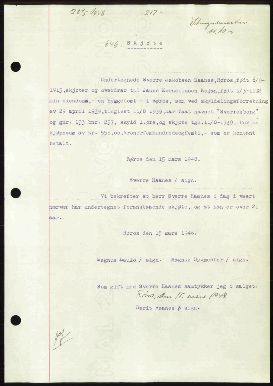 Gauldal sorenskriveri, SAT/A-0014/1/2/2C: Pantebok nr. A5, 1947-1948, Dagboknr: 646/1948