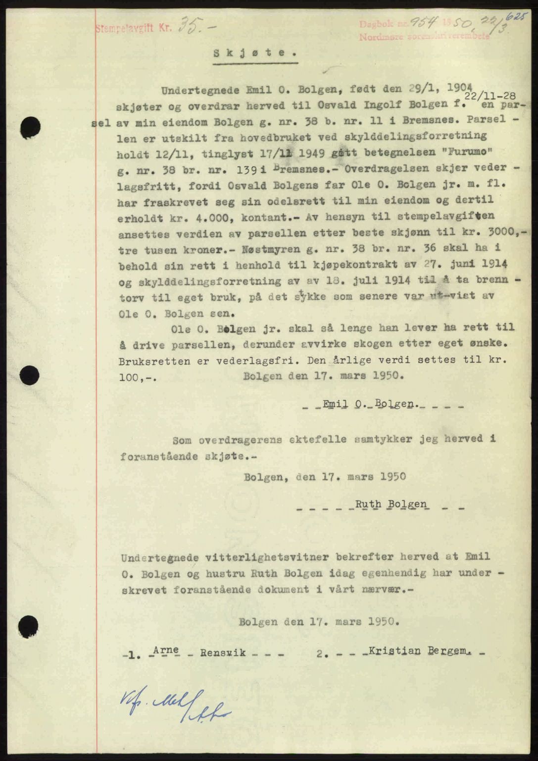 Nordmøre sorenskriveri, SAT/A-4132/1/2/2Ca: Pantebok nr. A114, 1950-1950, Dagboknr: 954/1950
