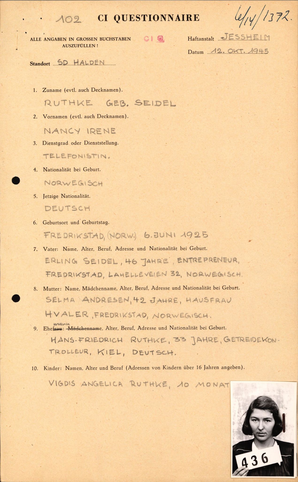 Forsvaret, Forsvarets overkommando II, AV/RA-RAFA-3915/D/Db/L0028: CI Questionaires. Tyske okkupasjonsstyrker i Norge. Tyskere., 1945-1946, s. 293