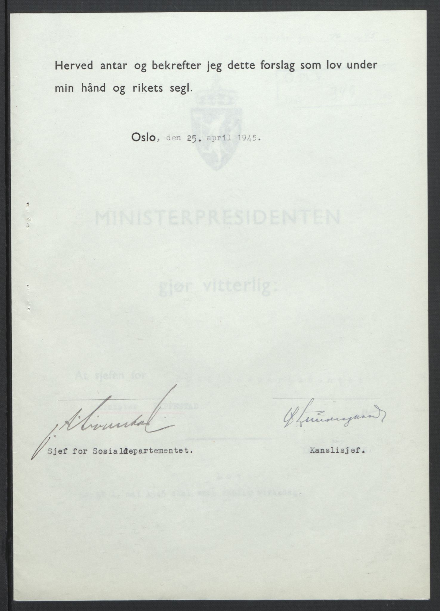 NS-administrasjonen 1940-1945 (Statsrådsekretariatet, de kommisariske statsråder mm), RA/S-4279/D/Db/L0101/0001: -- / Lover og vedtak, 1945, s. 153