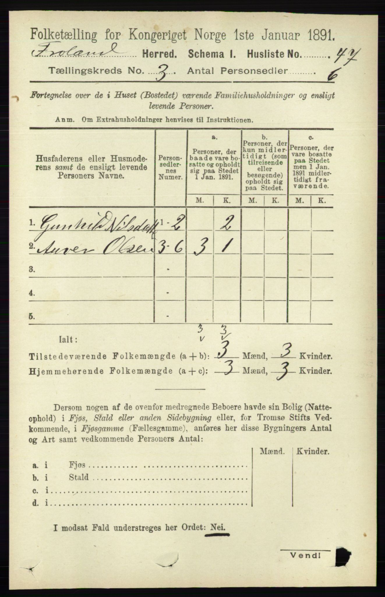 RA, Folketelling 1891 for 0919 Froland herred, 1891, s. 1005