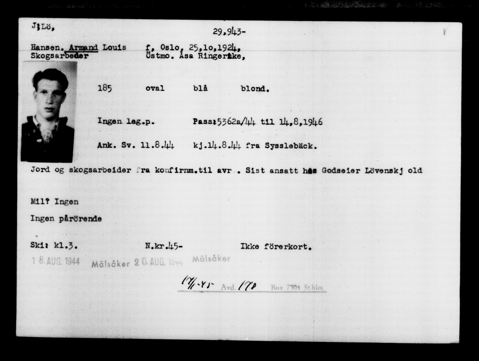Utenriksstasjonene, Legasjonen i Stockholm, Flyktningkontoret, AV/RA-S-6753/V/Va/L0012: Kjesäterkartoteket, flyktninger med registreringsnr. 28300-31566, 1940-1945, s. 1810
